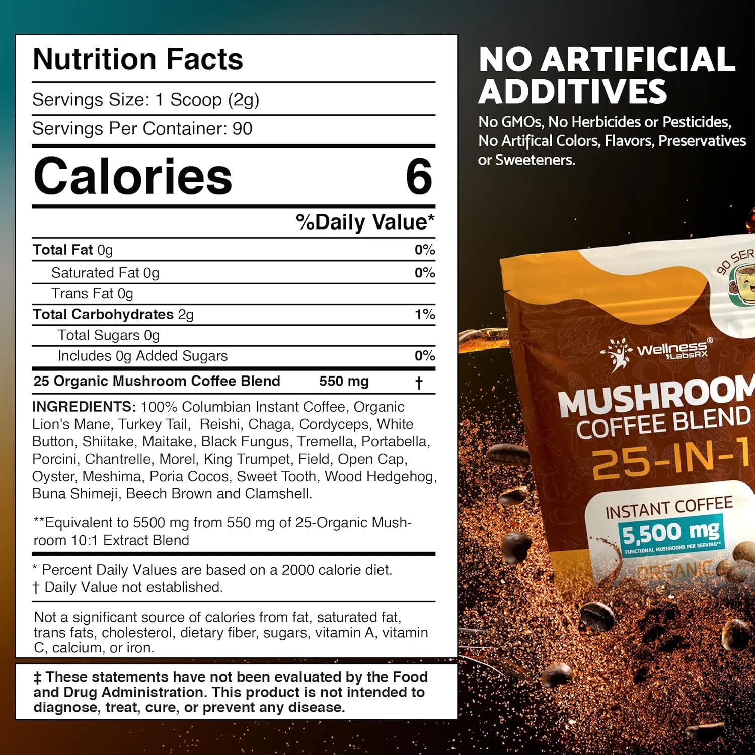 Mushroom Coffee Organic Instant Coffee, 25-in-1, Third-Party Tested Keto Friendl