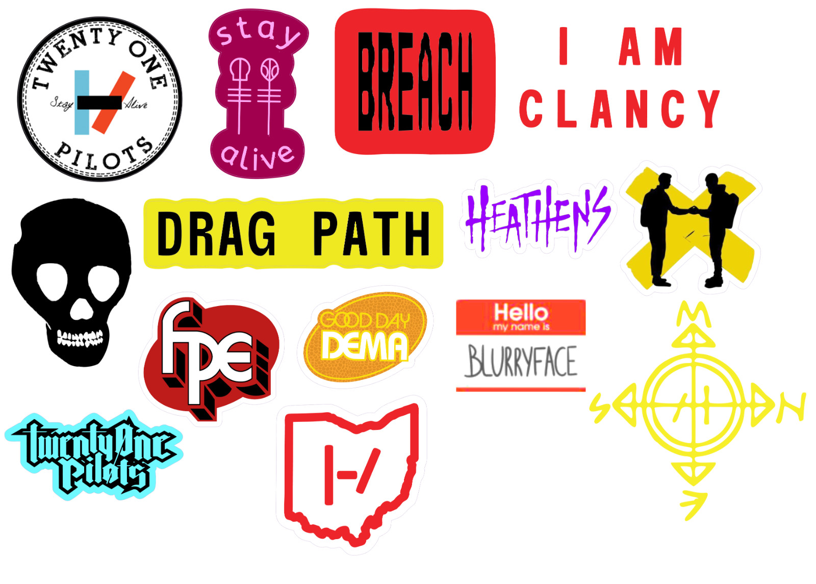 Twenty One Pilots sticker sets, Water Resistant, easy peel, 2-3″, 12 Sets