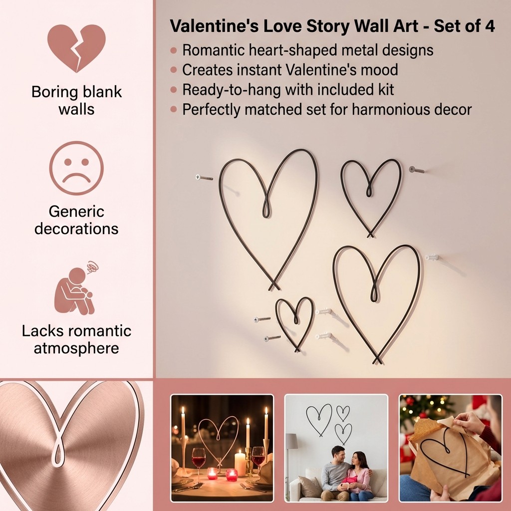 Heart Shaped Metal Wall Art Set for Living Room and Bedroom Wall Hanging 4-Piece