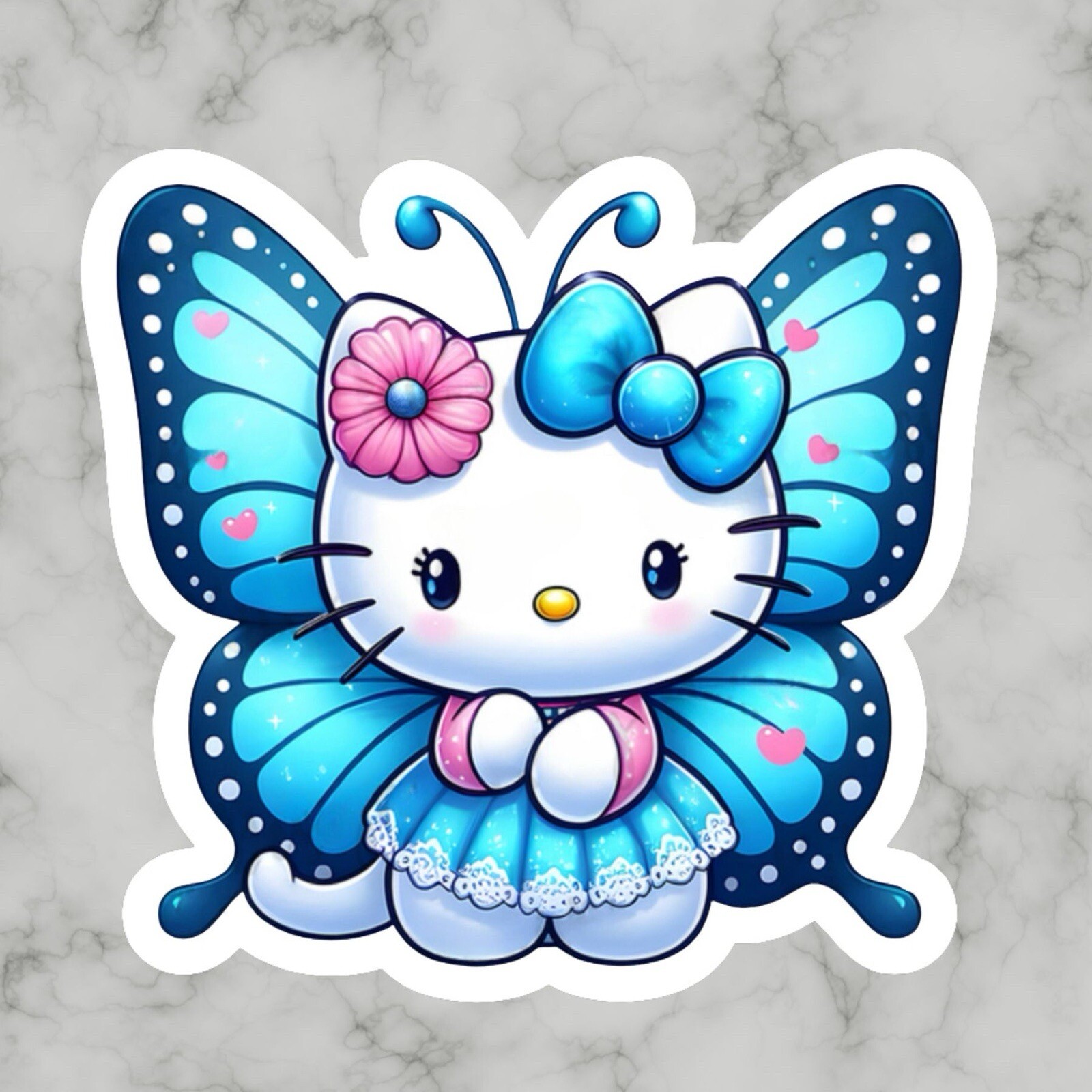 Hello Kitty, Cute Fun Blue Butterfly Adorable Glossy Vinyl sticker, Decal