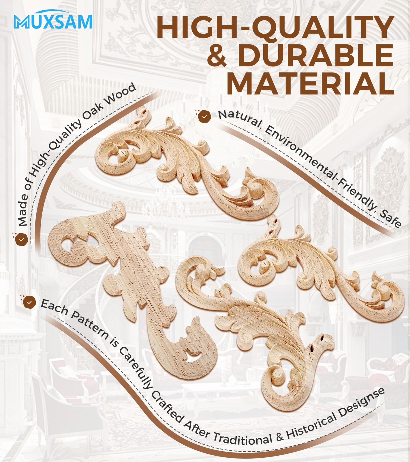 MUXSAM 2-Pair Clear Carved Wood Appliques Onlay, 20x9cm/7.87×3.54inch,