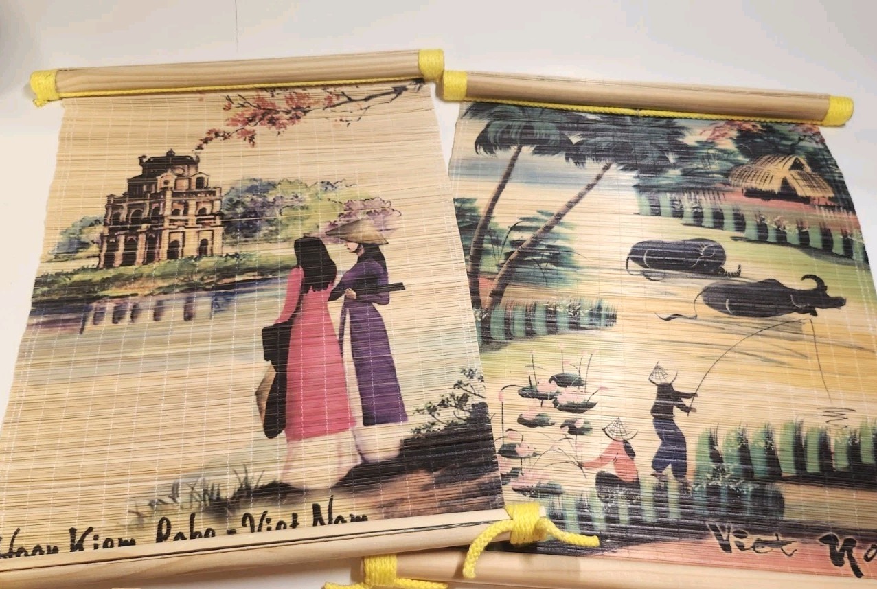 Vietnamese Hand-painted Bamboo Wall Art Scrolls Set Of 2