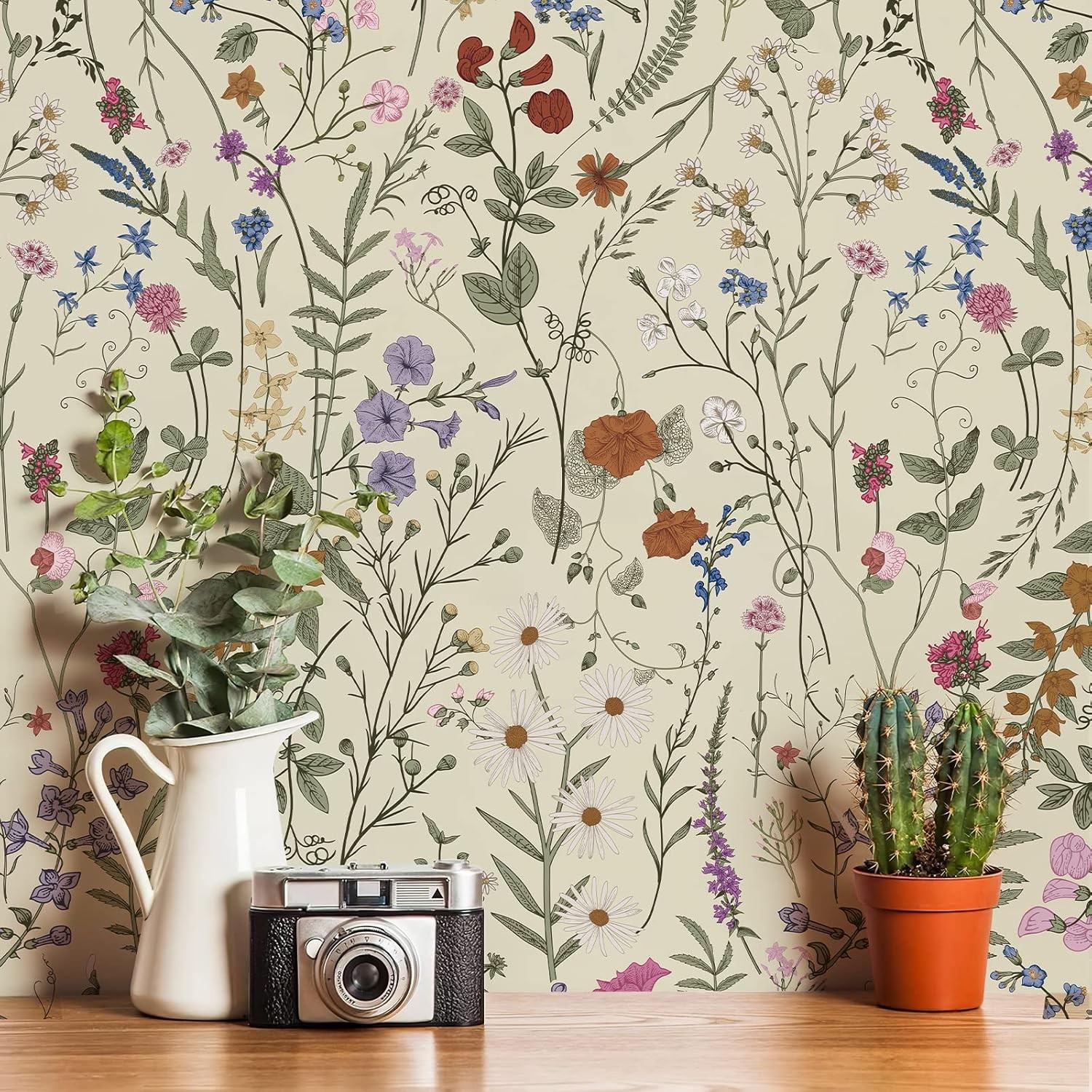 Jiffdiff Wallpaper Self-Adhesive Blooming Vintage Colourful Flowers Wall Paper f