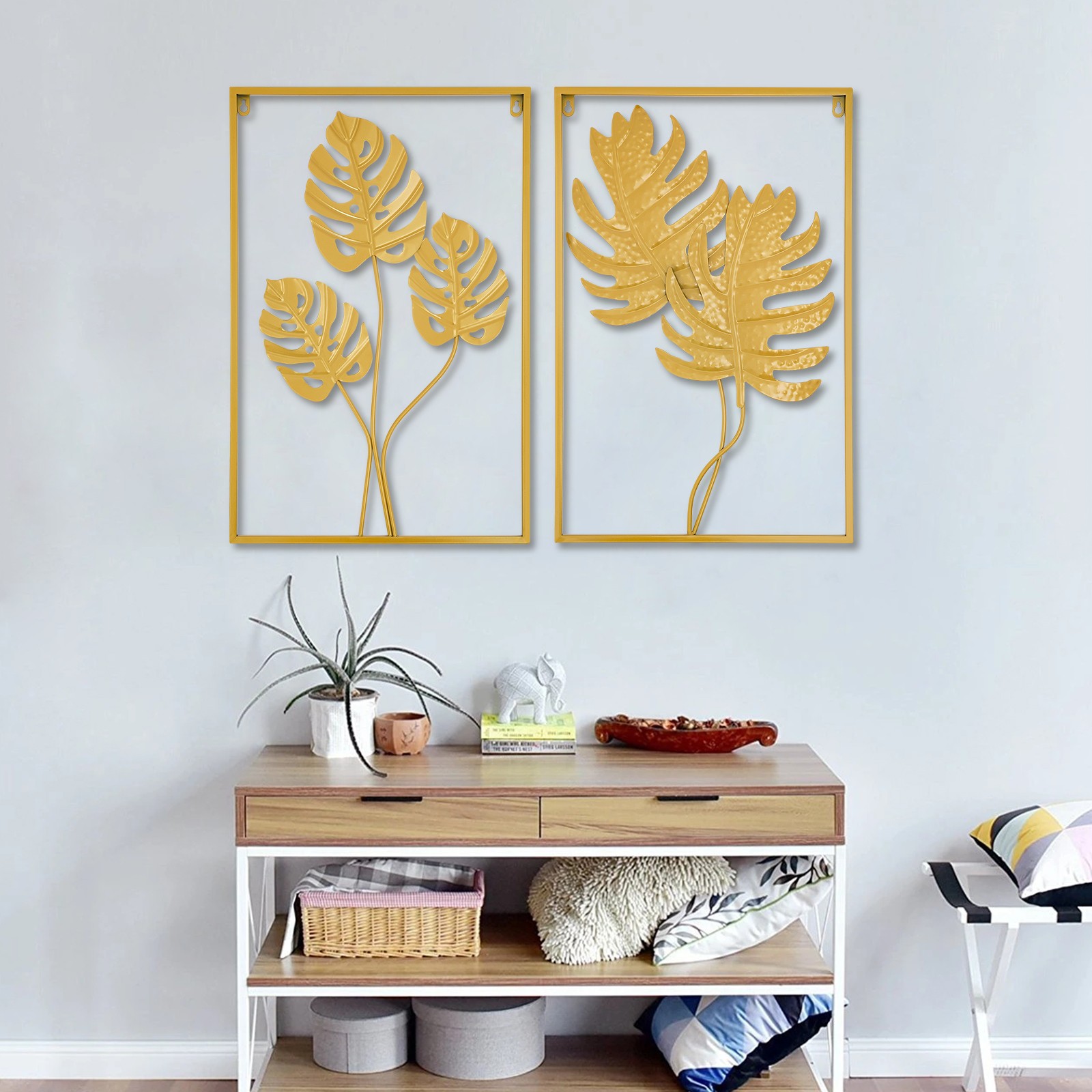 2PCS Wall Decorations Gold Iron Leaf Wall Hanging Home Decor with Frame Golden