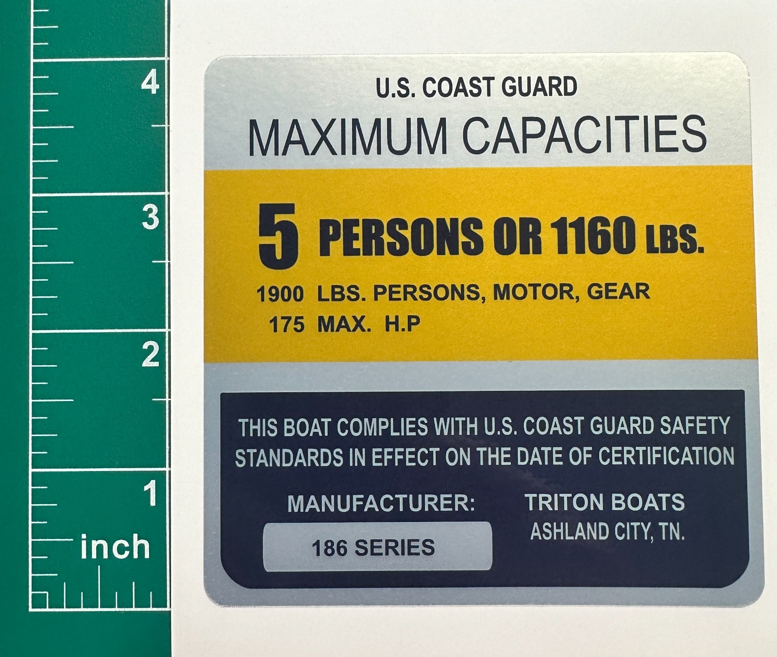 Boat Capacity Plate Sticker Triton 186 Series 5 Persons 1160 Lbs 175 HP 4×4 Mari