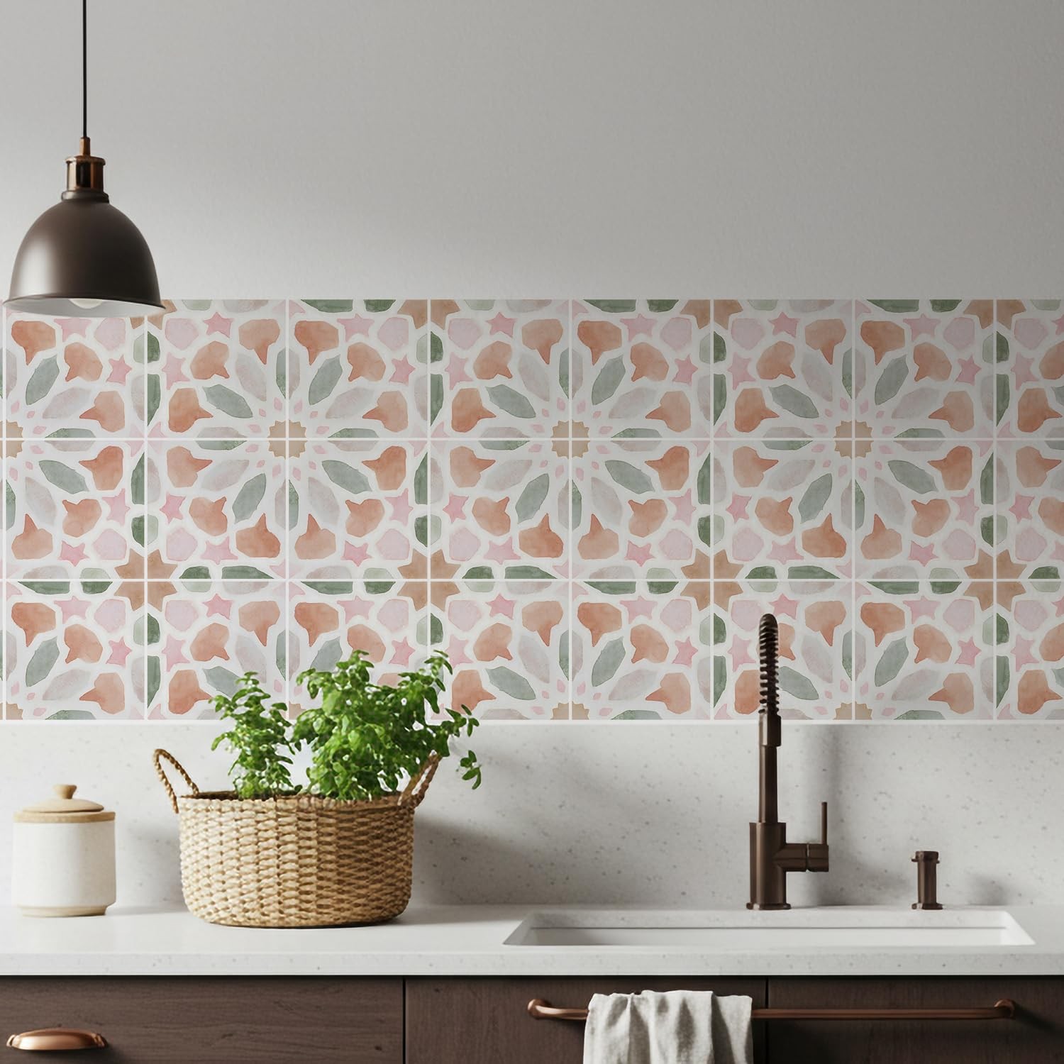 16 Pack,Adhesive Moroccan Tile Stickers Vinyl Wall Decals Green Peel and Stic…