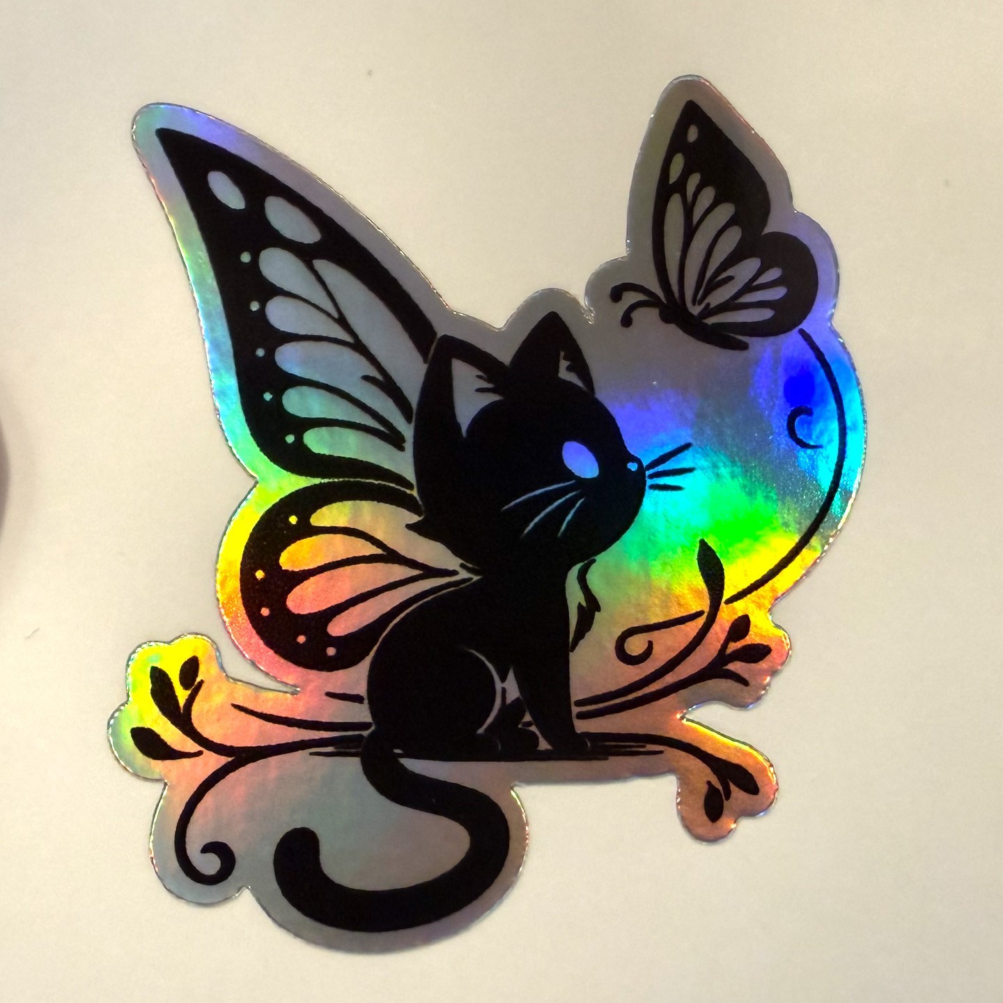 Holographic Fairy Cat Sticker Decal – Iridescent Butterfly Kitten Vinyl for Car