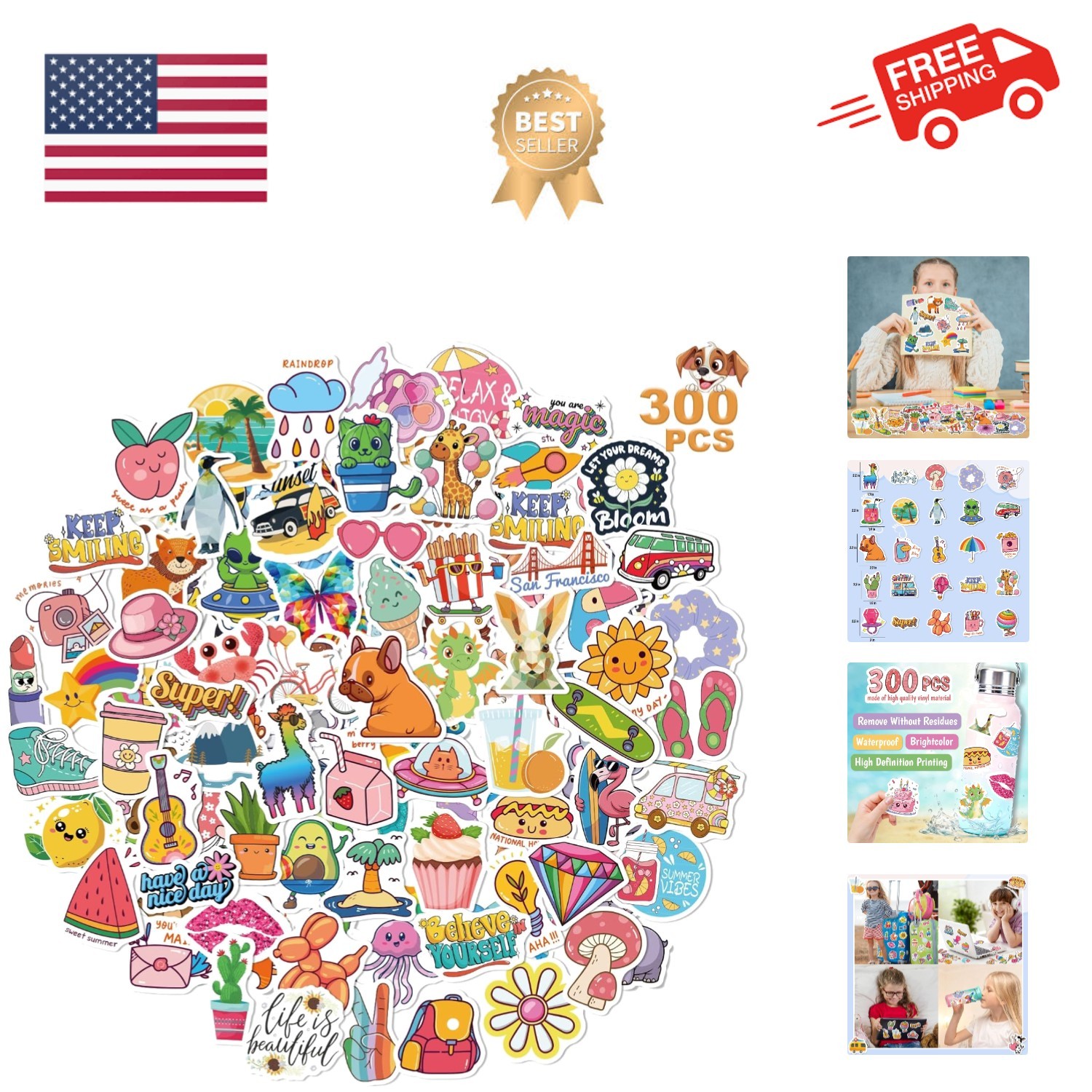 300 PCS Cute Stickers for Kids,Water Bottle Sticker Pack for Teens Girls Boys…