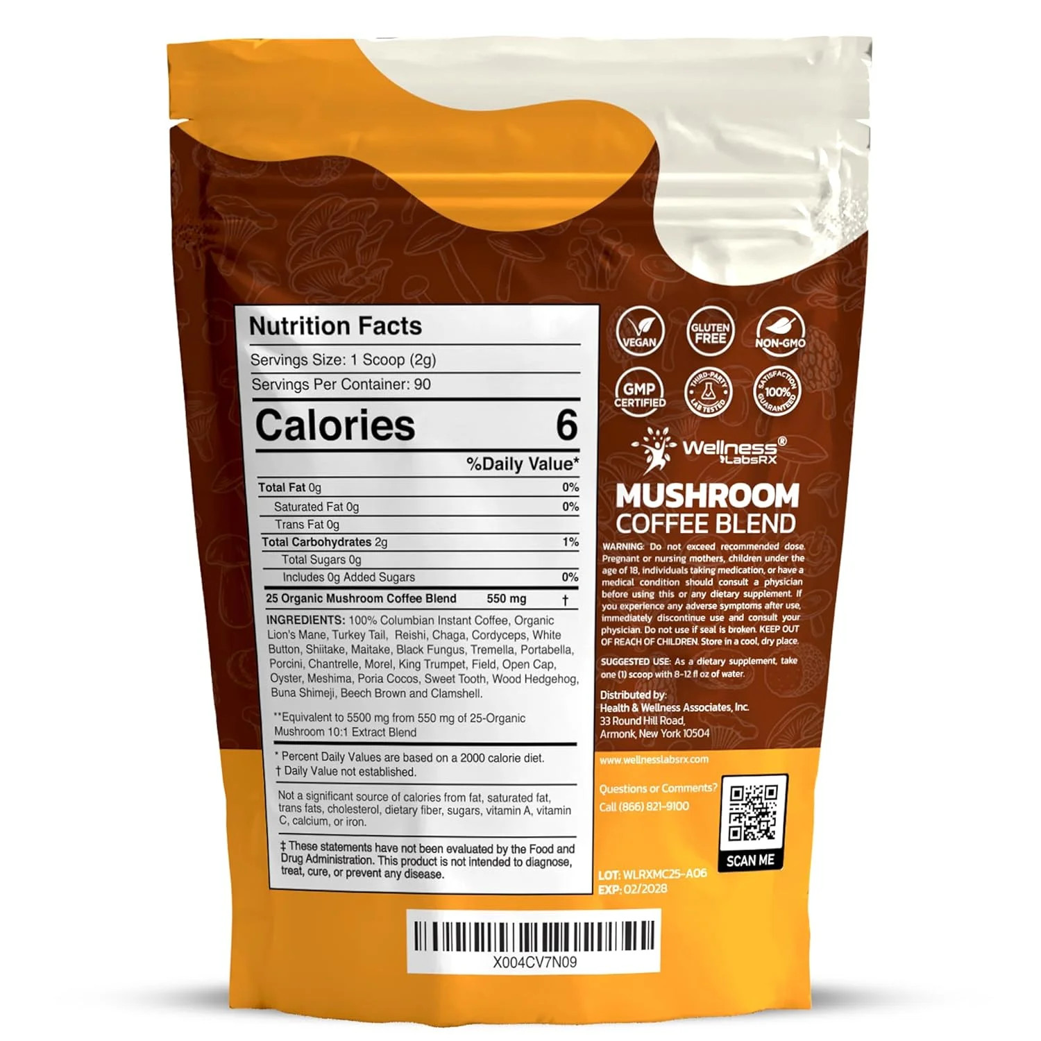 Mushroom Coffee Organic Instant Coffee, 25-in-1, Third-Party Tested Keto Friendl