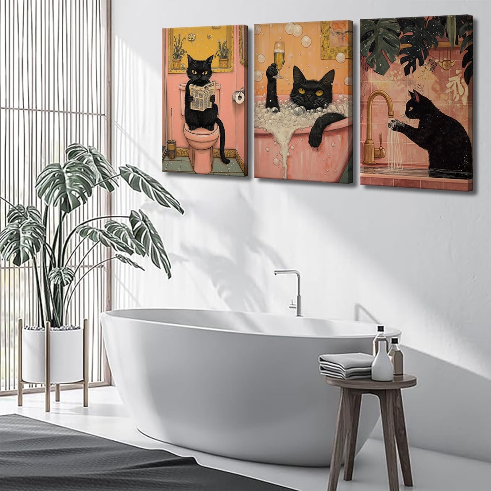 OCRXLYTH 3Pcs Black Cat Bathroom Canvas Wall Art Funny Commode Cat Wall Decor…