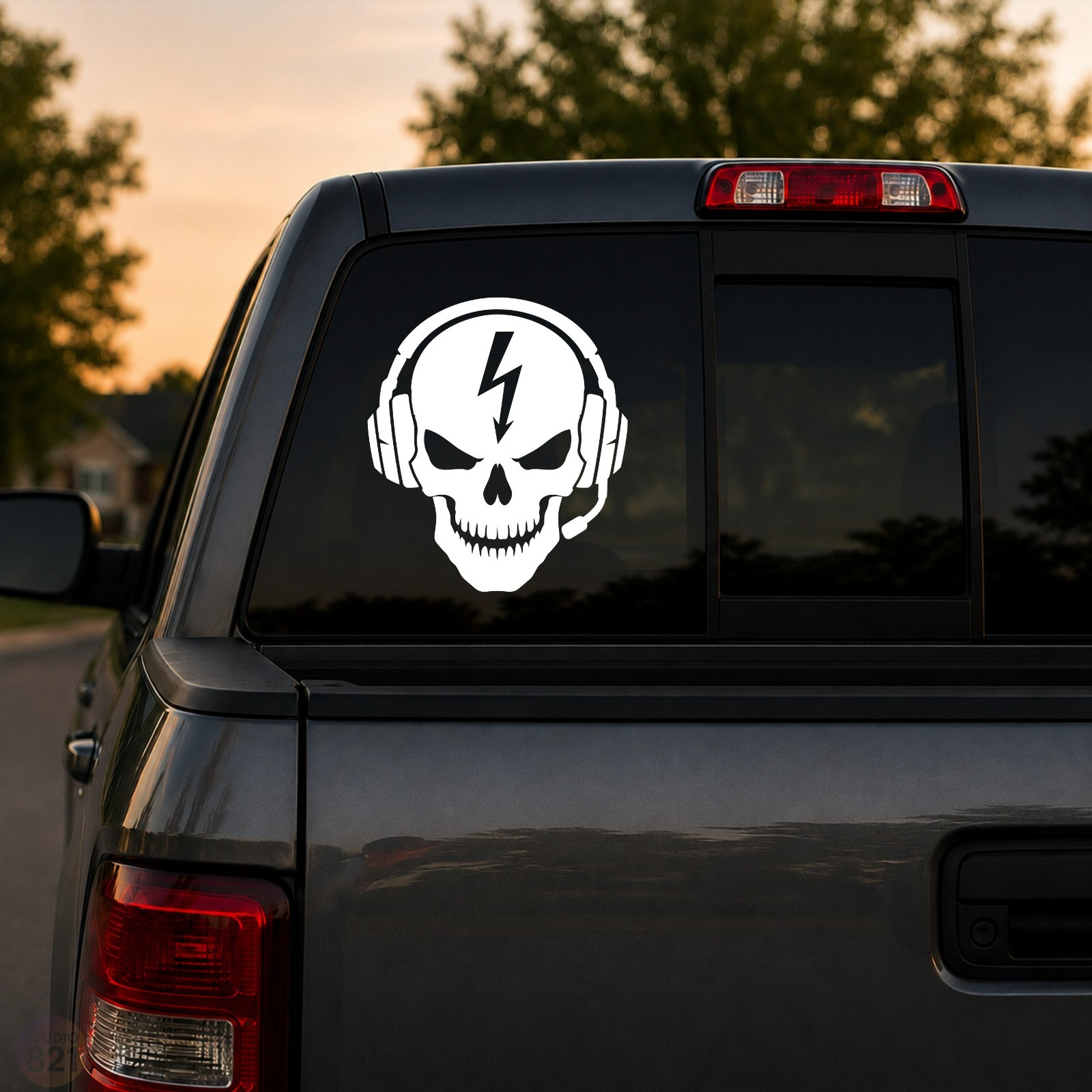 Skull Headset Gamer Emblem Video games electrical bolt car truck window laptop