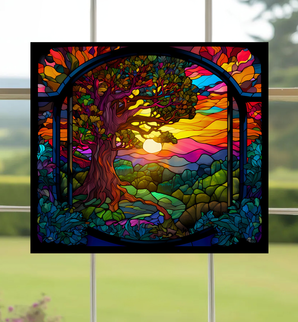 Tree at Sunset Faux Stained-Glass WINDOW CLING Size 9″ Repositionable Vinyl