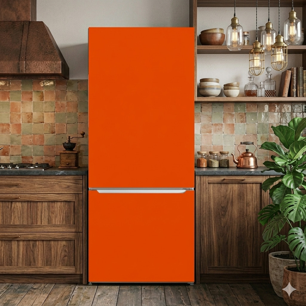 Orange Color Refrigerator Vinyl Wrap Solid Color Kitchen Decor
