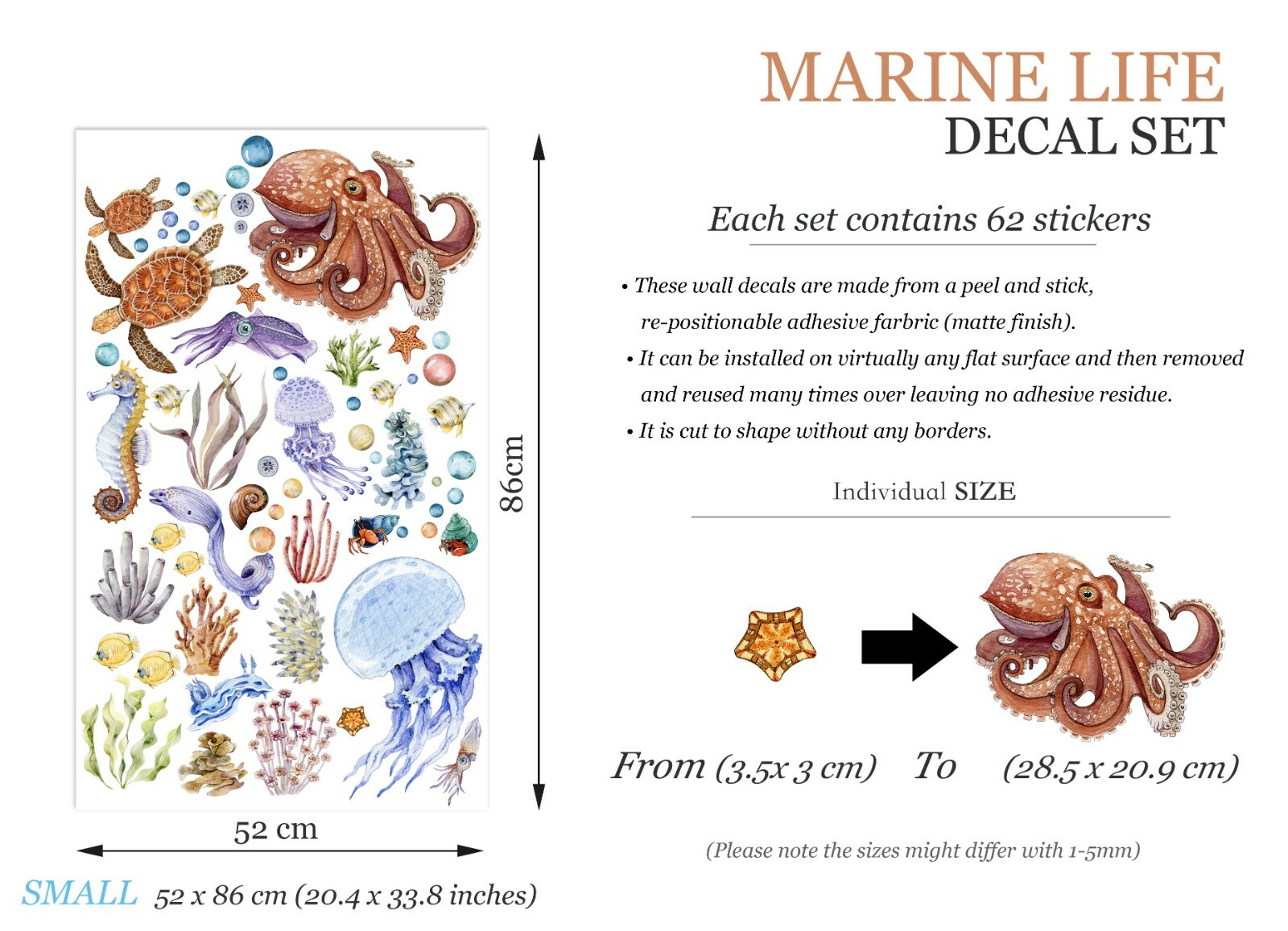 Marine life Turtle Octopus Squid Jellyfish Removable Wall Decal Sticker Decor
