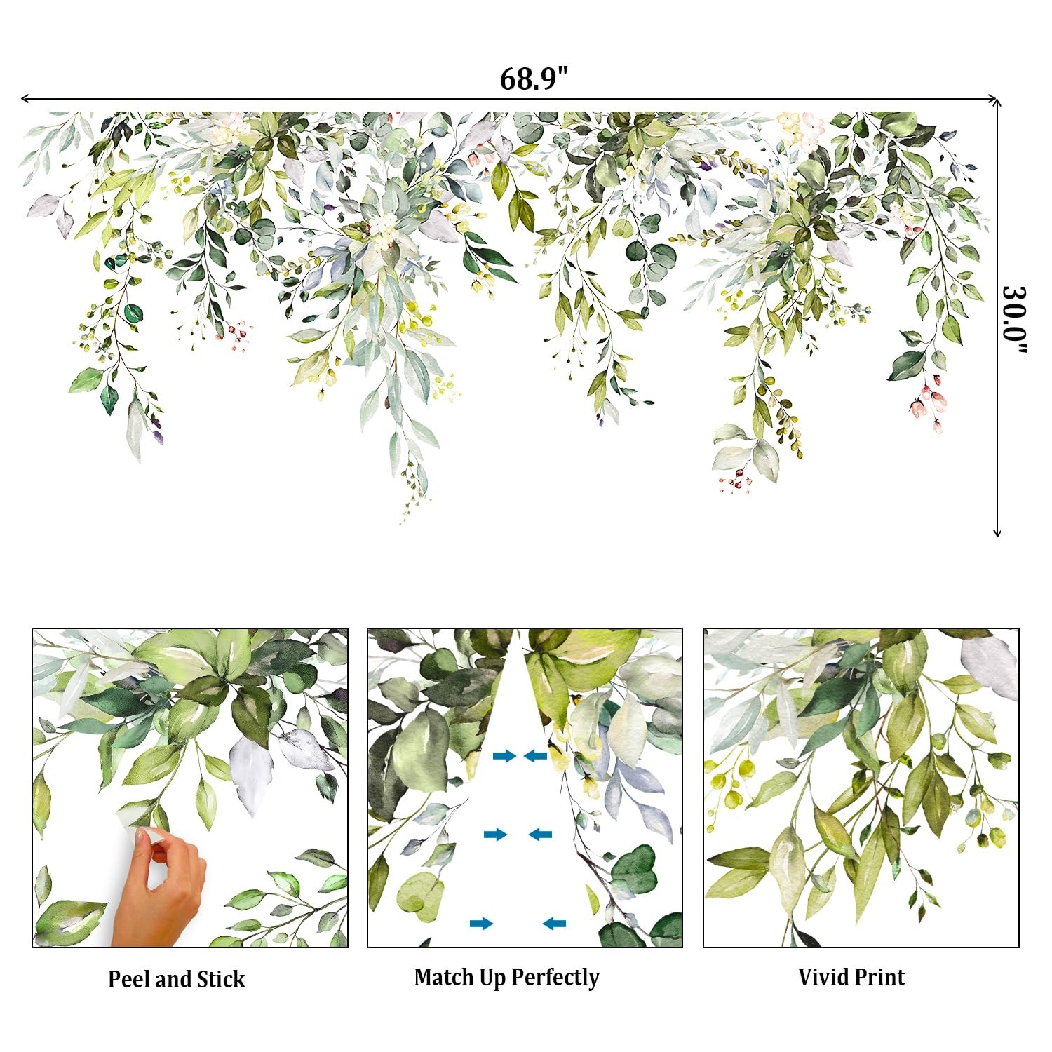 Green Plants Leaves Wall Decals Peel and Stick, Large Floral Flowers Wall Sti…