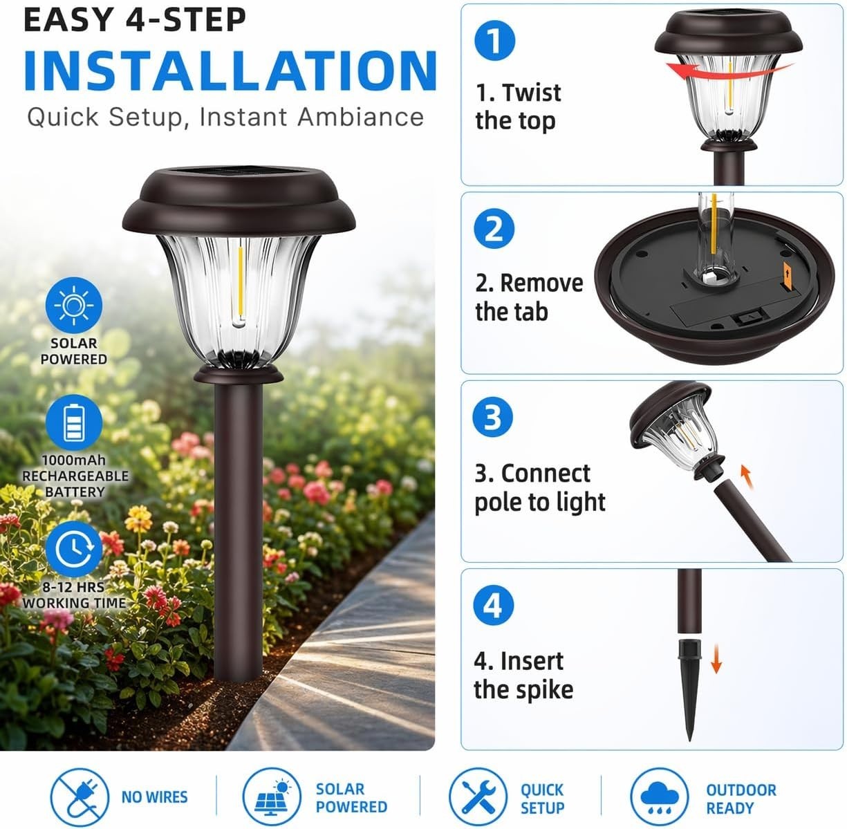 8 Pack Solar Lights Outdoor, Stainless Steel Glass Solar Pathway Lights, Auto…