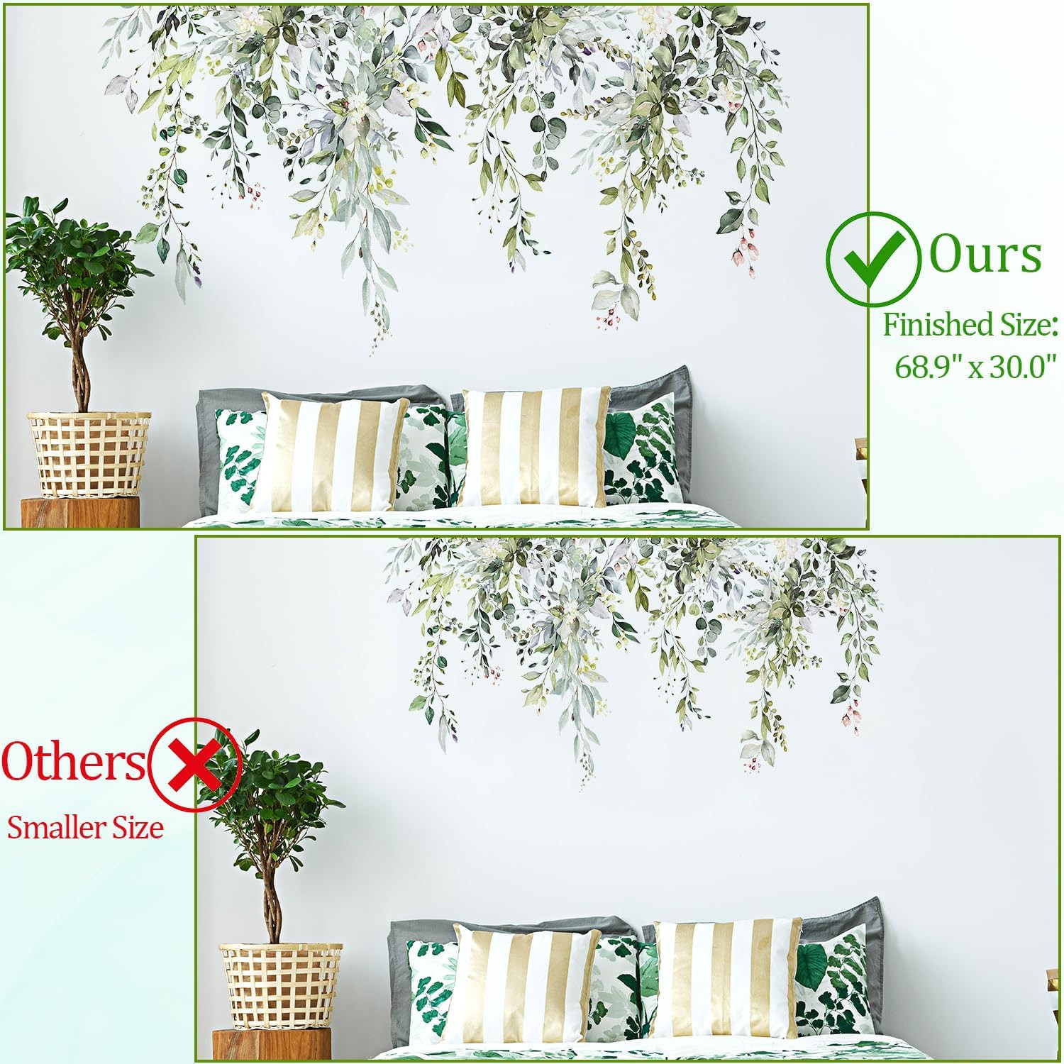Green Plants Leaves Wall Decals Peel and Stick, Large Floral Flowers Wall Sticke