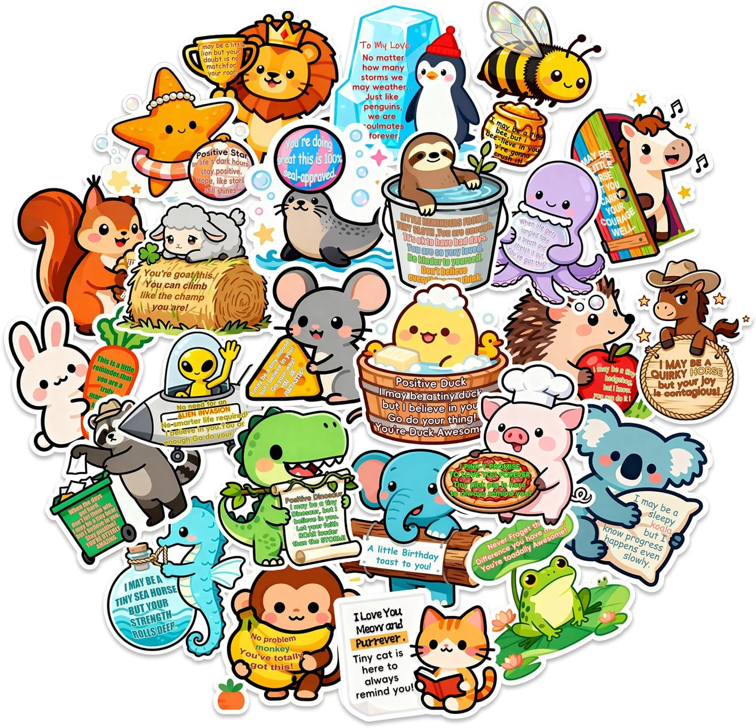 Cute Animal Inspirational Stickers, 50 Pack Positive Affirmation Vinyl Decals fo
