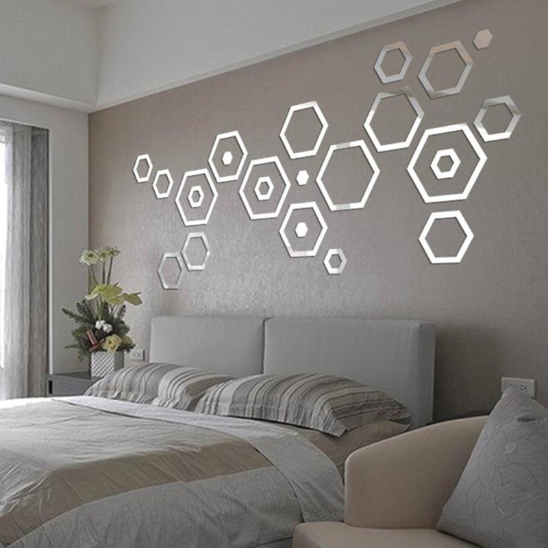 24Pcs Hexagon Frame Acrylic Mirror Stickers Modern Bedroom Wall Decoration