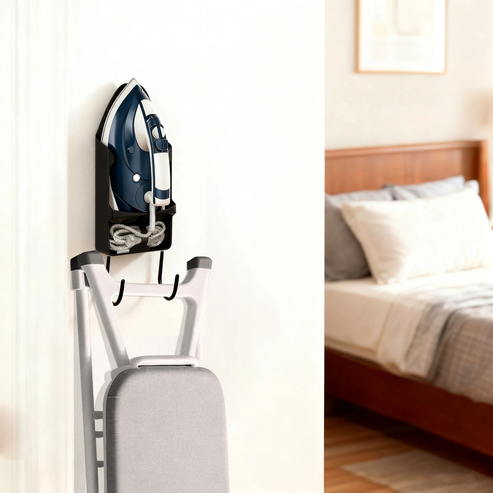 Wall Mount Iron Holder With Hooks Space Saving Storage Home Black Heat Resistant