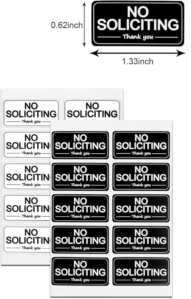 ONE No Soliciting WHITE Black Letters Front Door Bell Sticker Decal 1.33”X0.62”