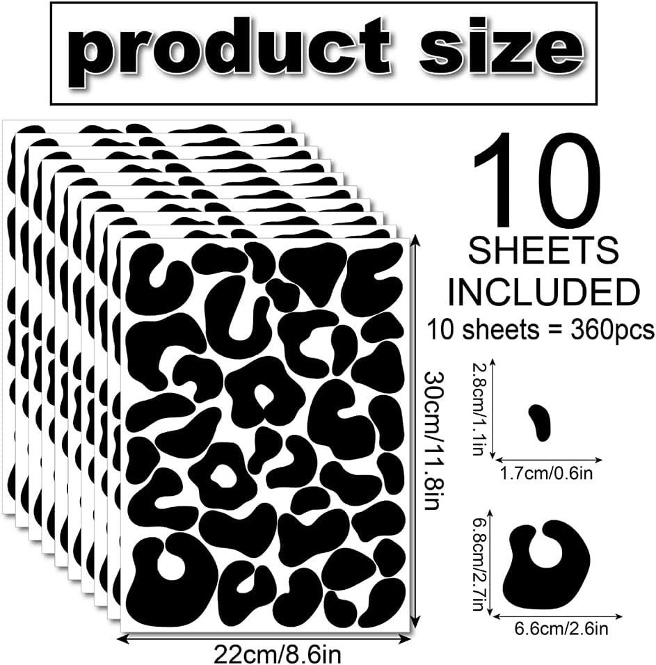 360 PCS Matte Black Leopard Print Wall Decals, 10 Sheets Peel & Stick Removable