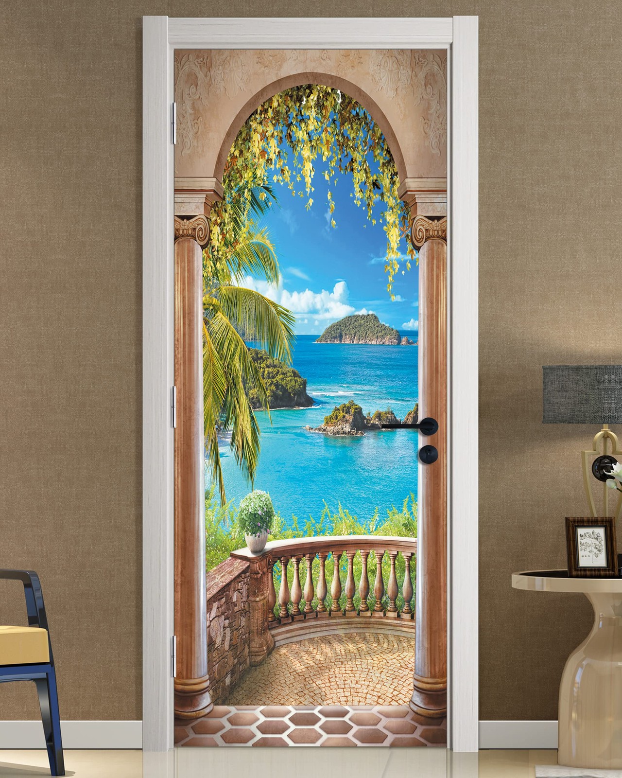 3D Balcony Arch Seascape Door Stickers -Adhesive Door Murals Photo Wallpaper …