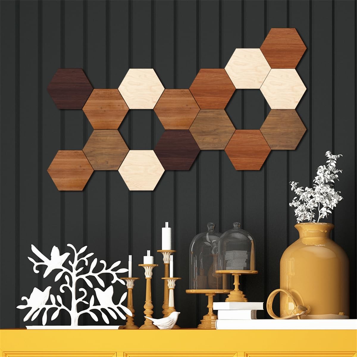 Wooden Multi Color Wall Art Decals, 15 PCS 3D Hexagon Wall Tiles for Office, …
