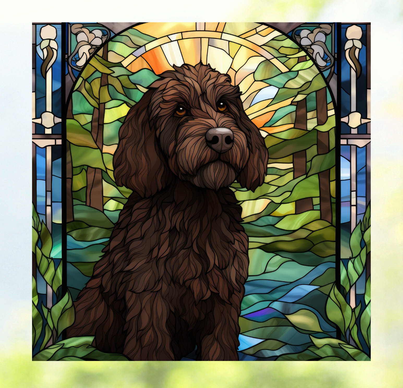 Labradoodle Dog Faux Stained-Glass WINDOW CLING Size 9.2″ Repositionable Vinyl