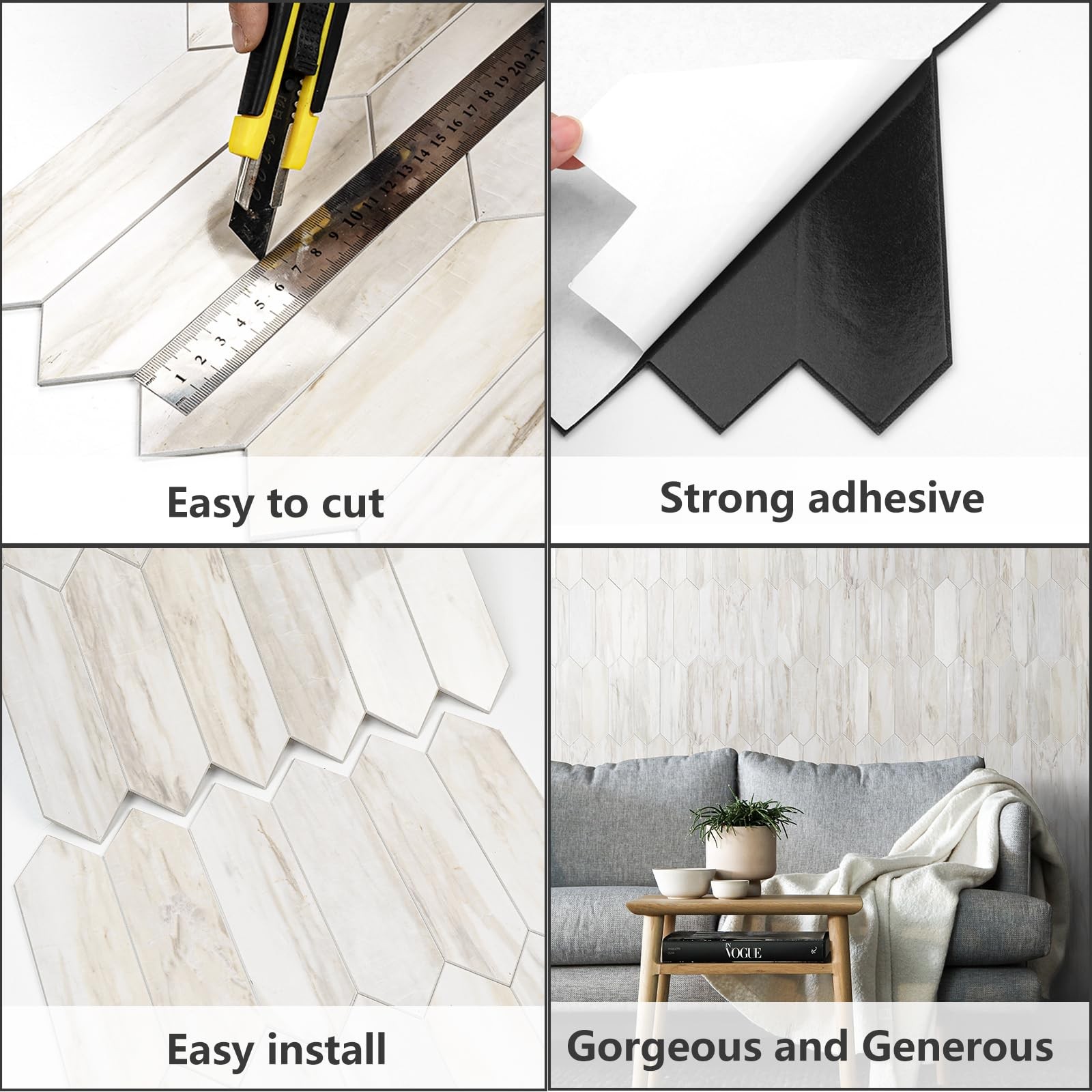 Vamos Tile Glossy Wood Marble Grain Backsplash Tile Peel and Stick, 12.8 x 12…