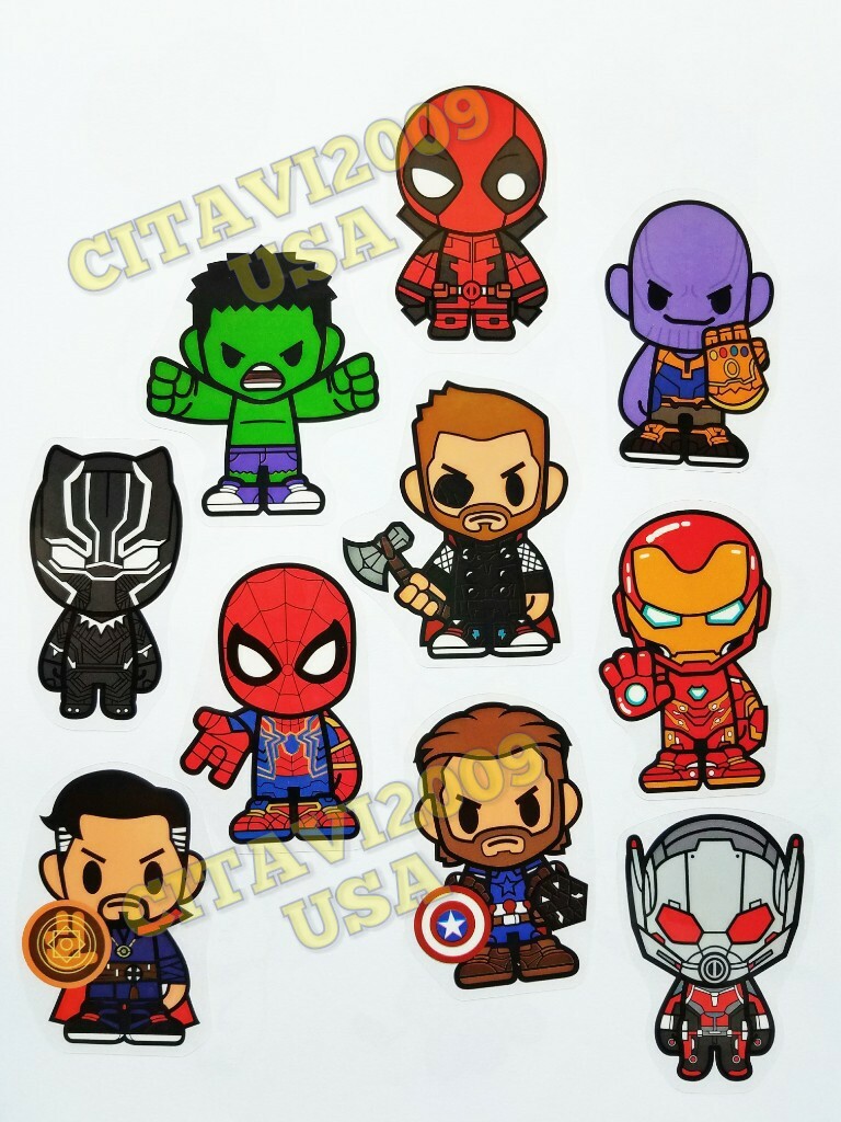 MARVEL SUPERHEROES AVENGERS CARTOON TRANSLUCENT WATERPROOF STICKERS SET OF 10.