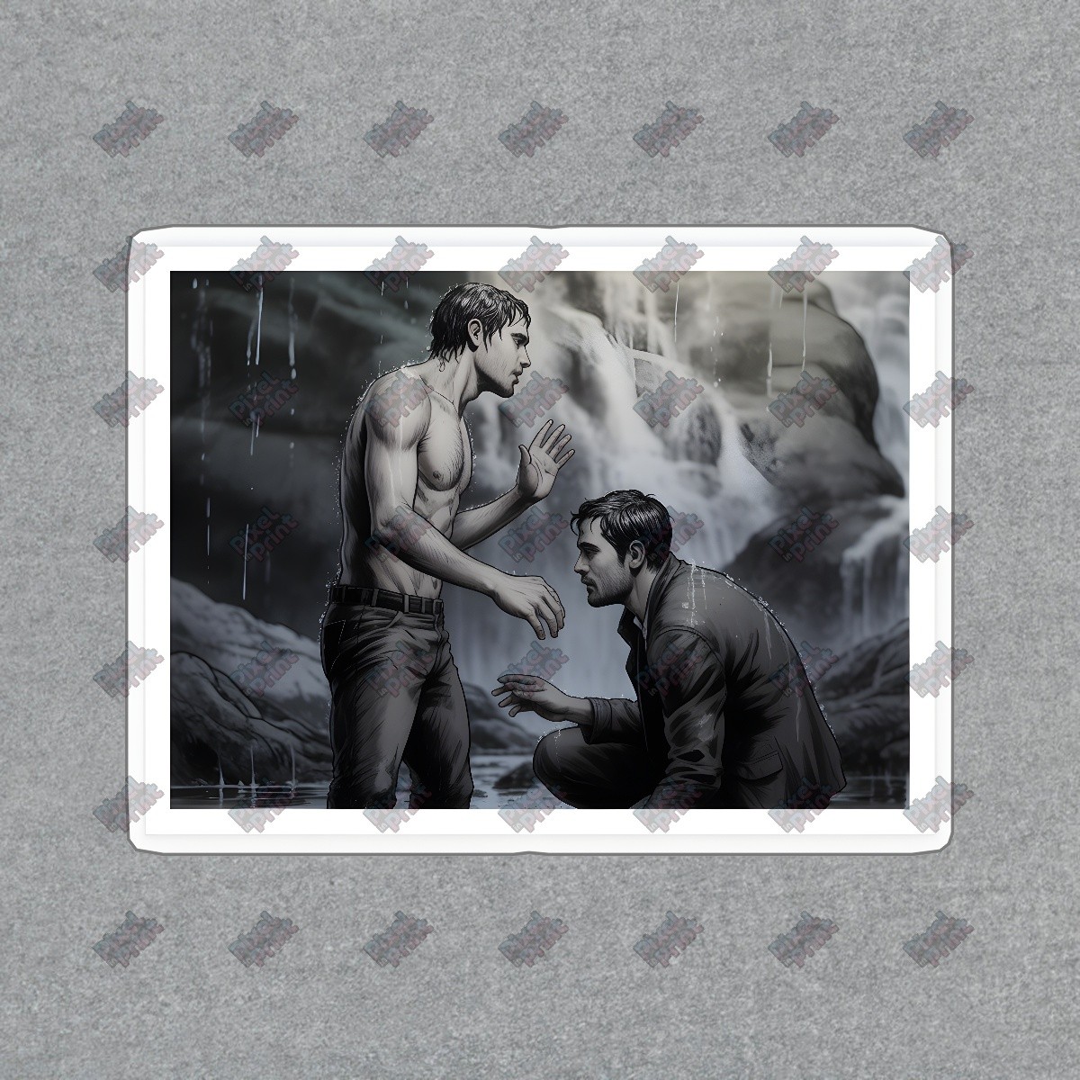 Dramatic Black and White Art Print Emotional Conflict Scene with Rain #8697
