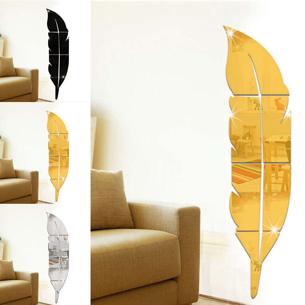 Large 3D Feather Mirror Wall Sticker Acrylic Art Room Decal Decor DIY Removable