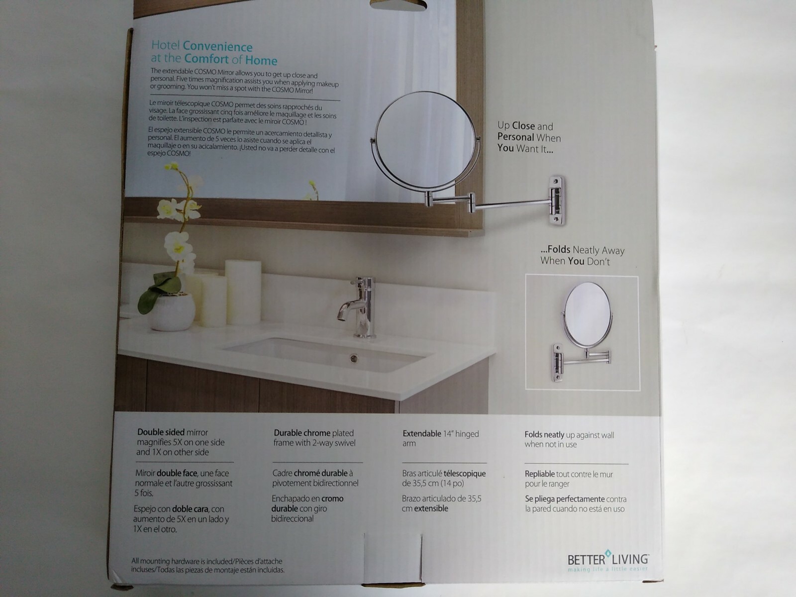 Better Living Products Cosmo Wall Mount Mirror with Folding Arm, Chrome