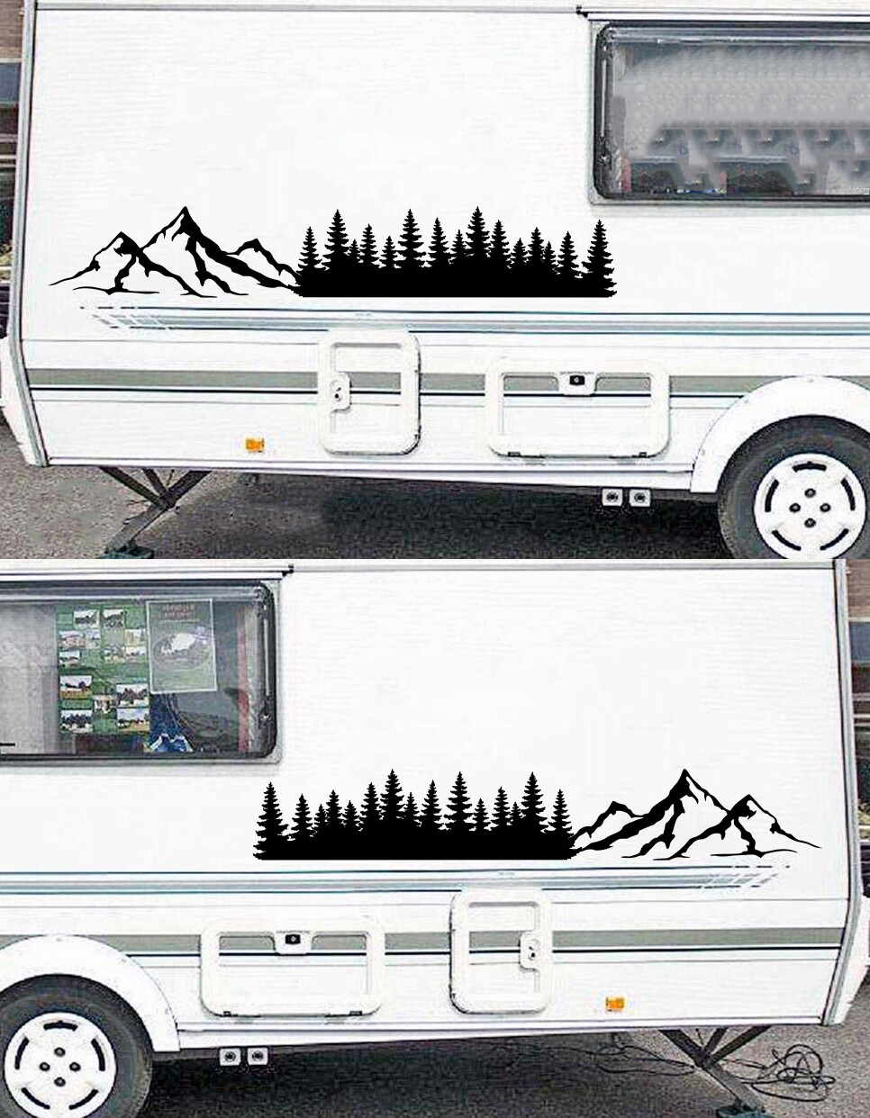 Pair Mirrored Mountain Tree Line Scene V1 Vinyl Decals | Treeline RV Camping