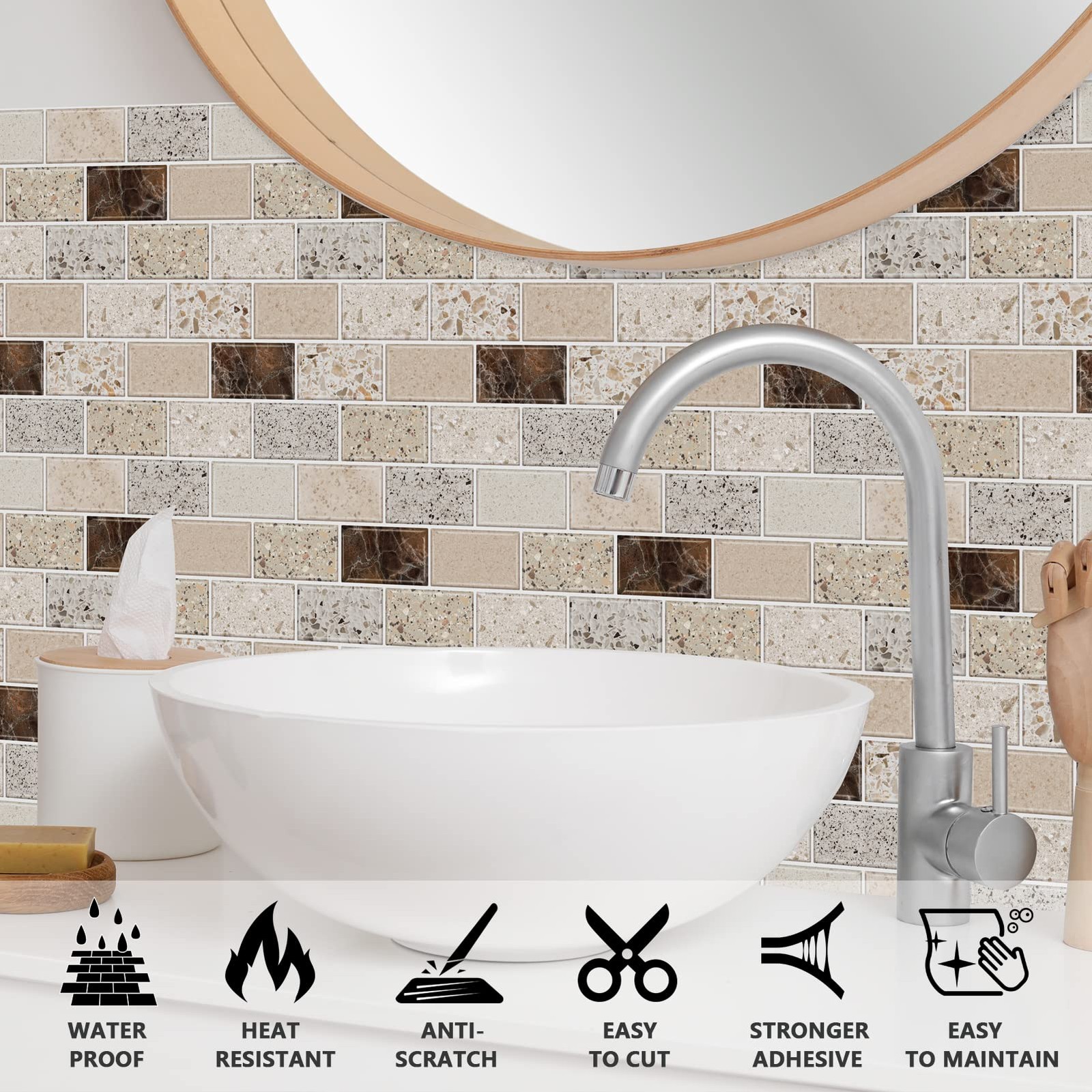 URCOLOR 10-Sheet Backsplash Tile for Kitchen Peel and 12×12 inches, Brown
