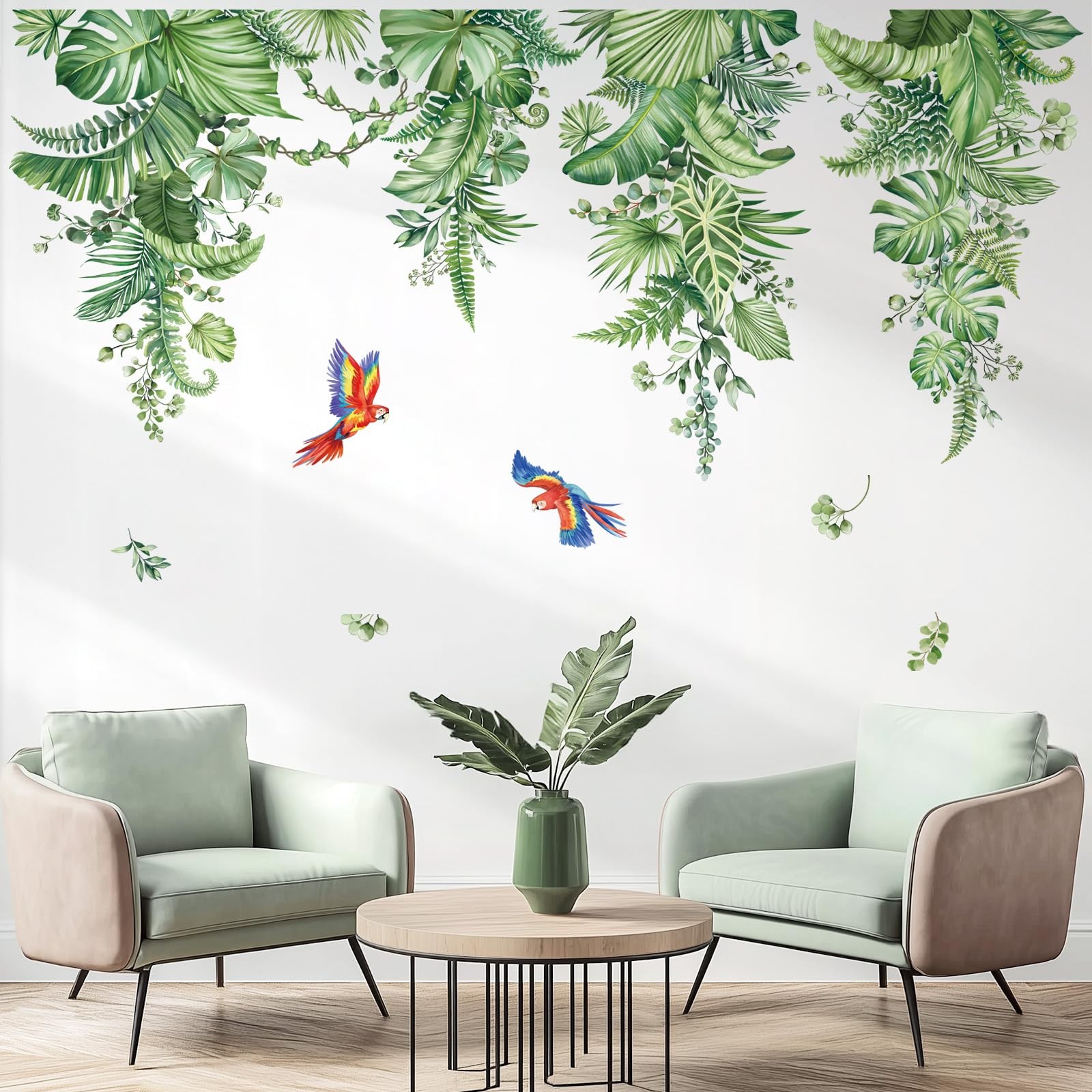 Hanging Tropical Leaves Wall Decals Green Plants Palm Leaf Vines Parrots Wall…