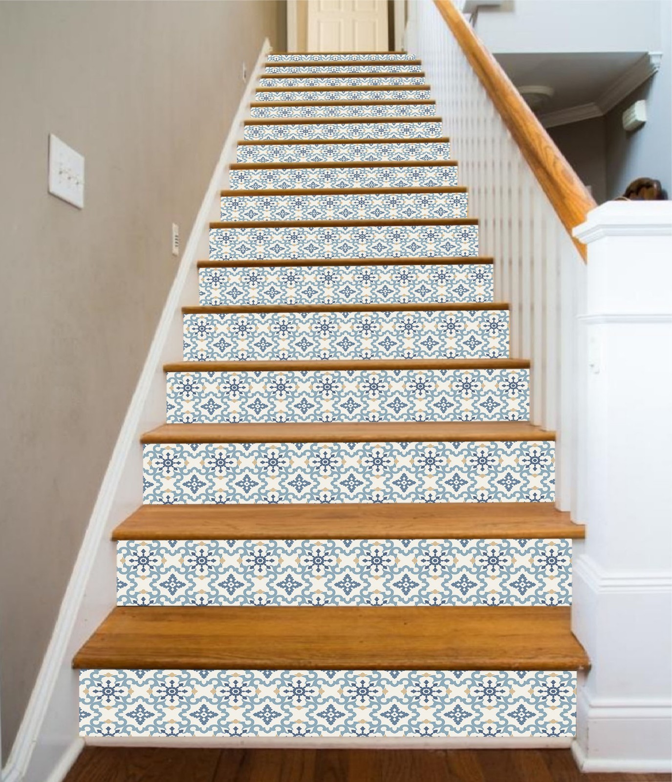3D Blue Floral 1 Tile Marble Stair Risers Decoration Vinyl Wallpaper Mural