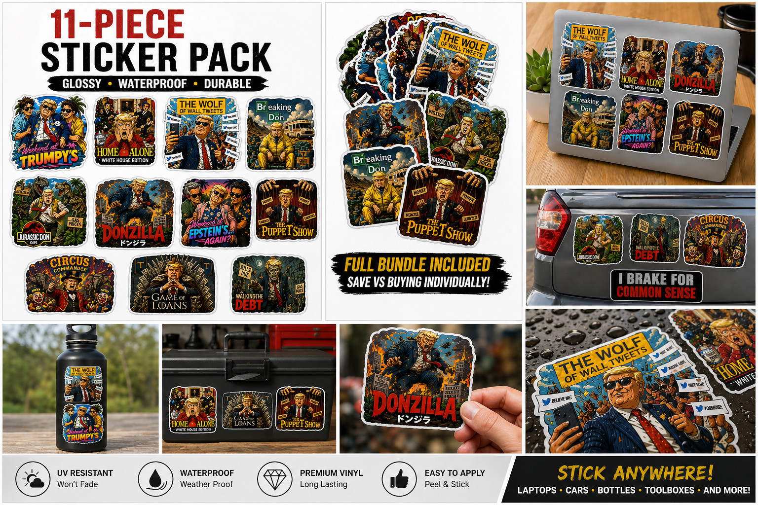 Funny Political Meme Sticker Pack (11 Designs) – Glossy 2” Stickers – Dark Humor