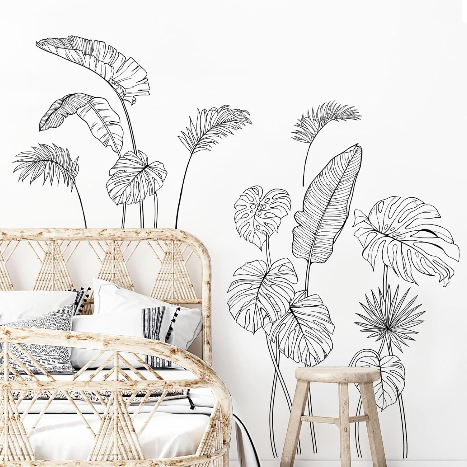 Black and White Tropical Plants Wall Decals Sketch Palm Leaves Black,