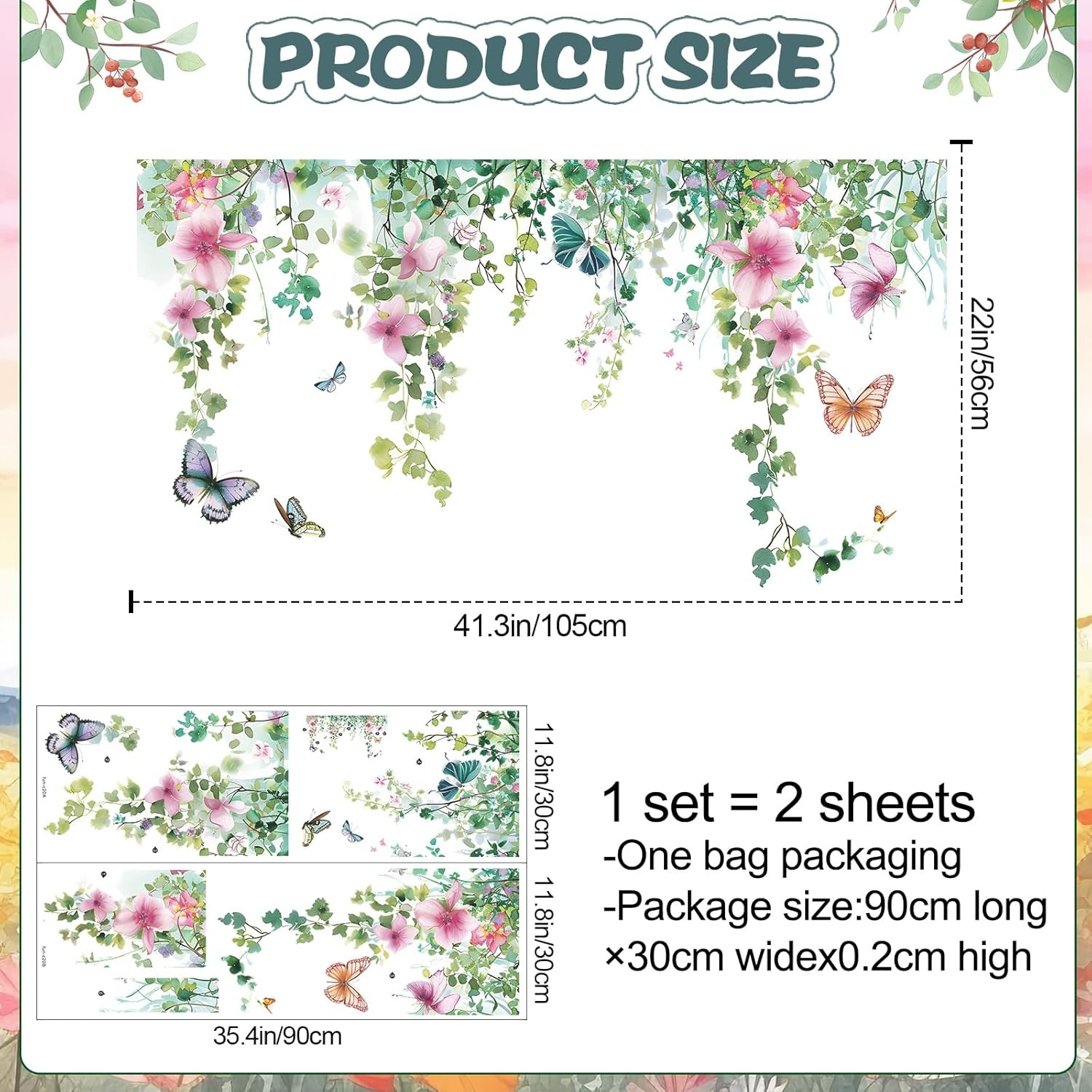 Flower Vine Wall Decals Hanging Green Leaves Wall Stickers Butterfly Flower P…