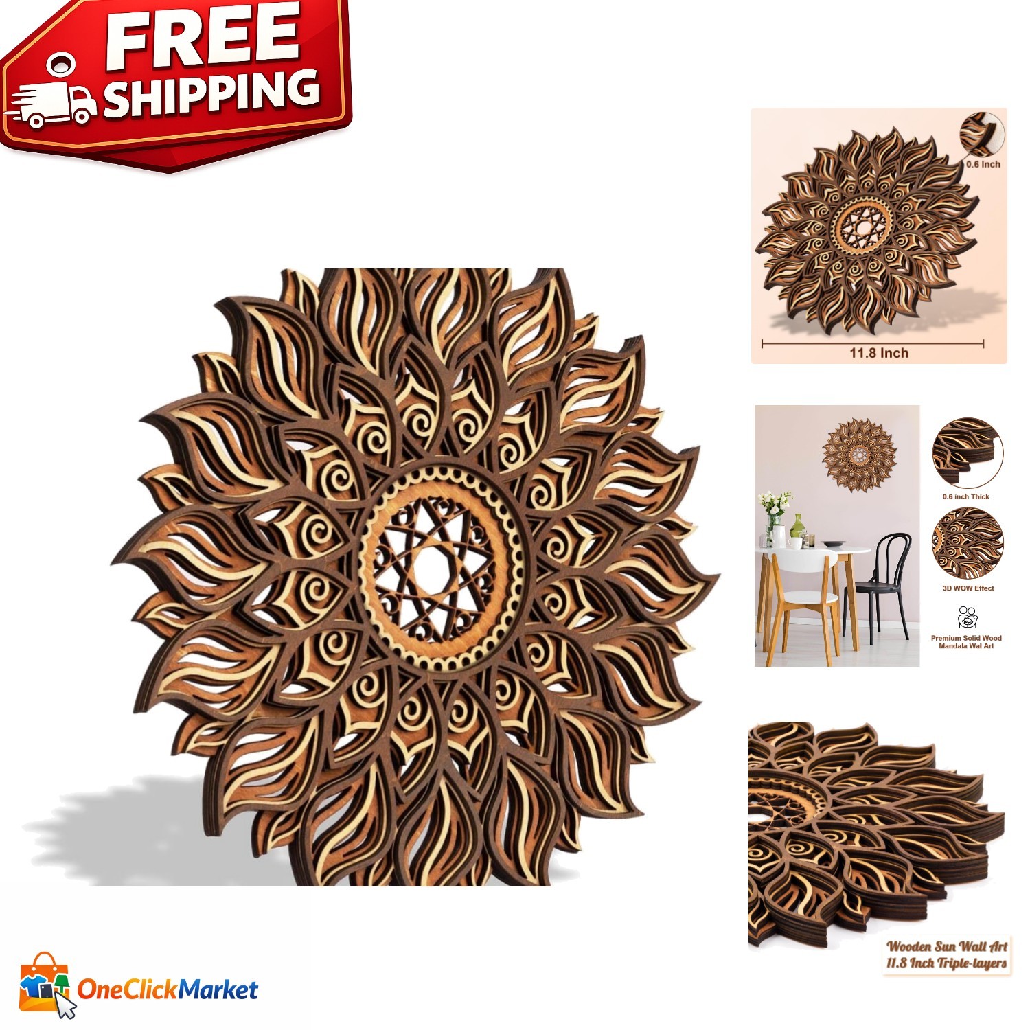 Handcrafted 11.8-Inch Wooden Sun Mandala Decor for Elegant Spiritual Spaces