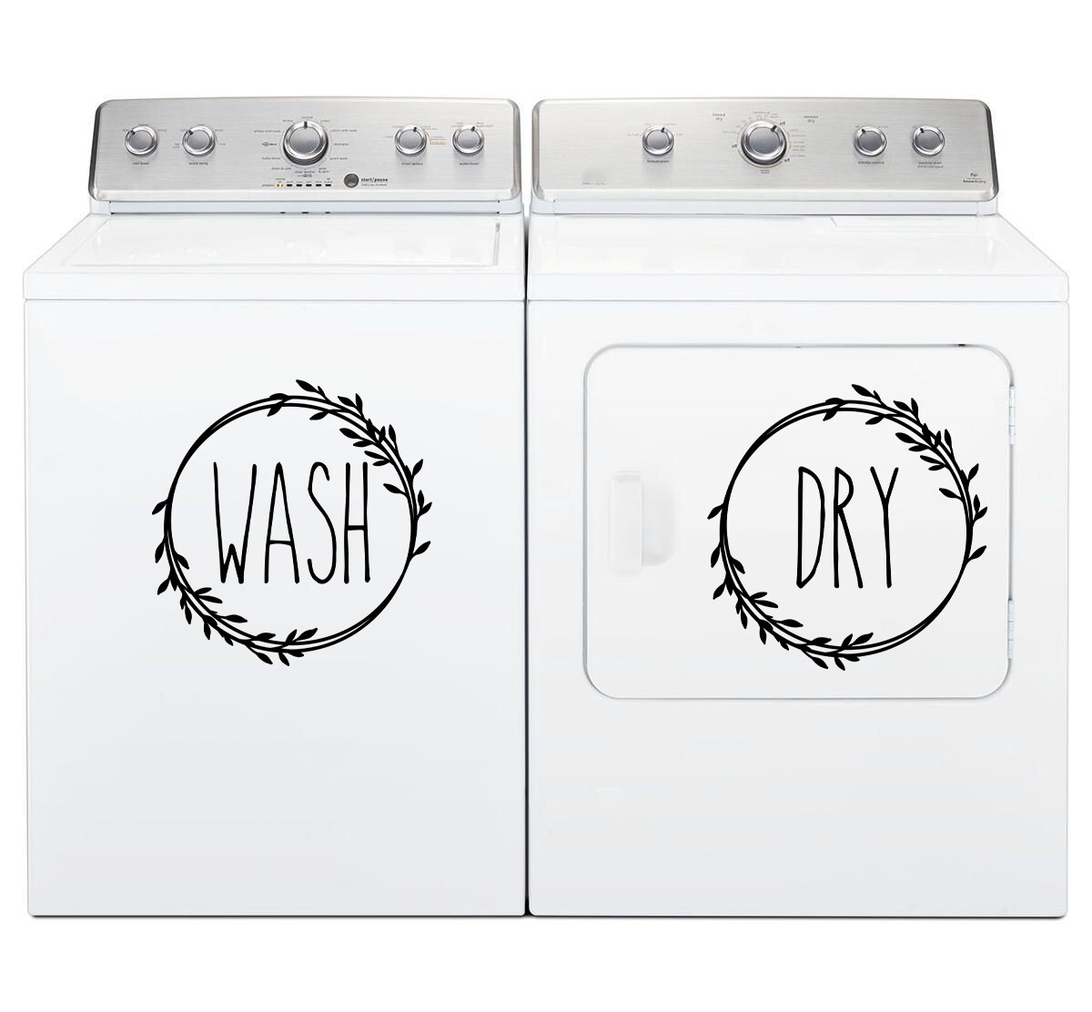 Wash Dry Wreath Vinyl Decals | Skinny Font Laundry Room Decor | Die Cut Stickers