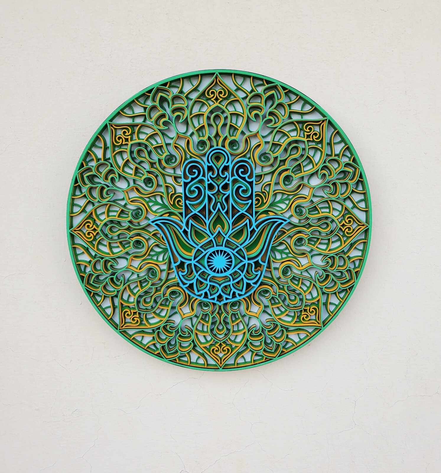 Wooden Wall Decor Hamza Hand &Round Mandala Flower Lucky Arabic Holy Symbols 3D