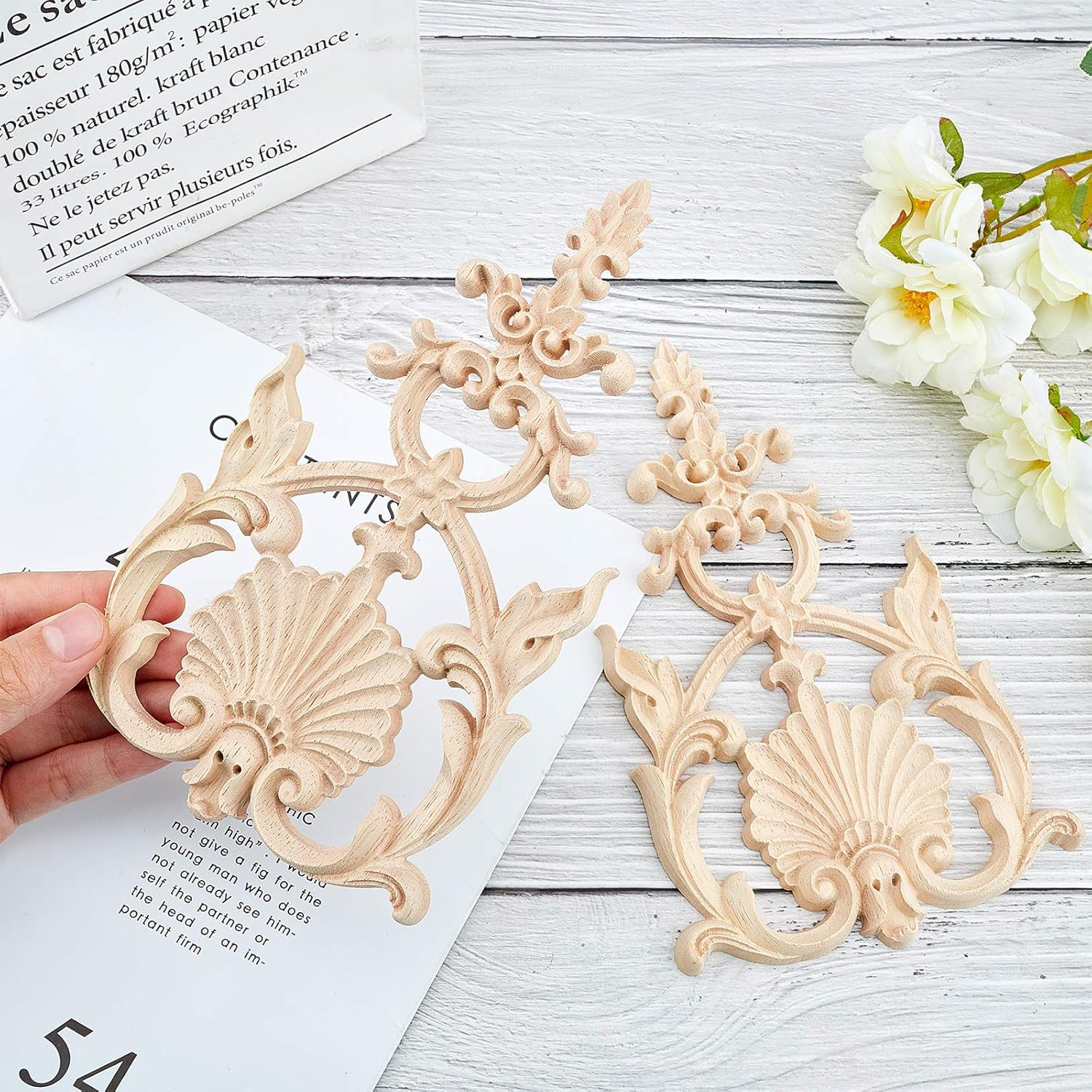 SUPERFINDINGS 2PCS Carved Wood Appliques Onlays Wooden Decal Corner Frame 7.5X4.