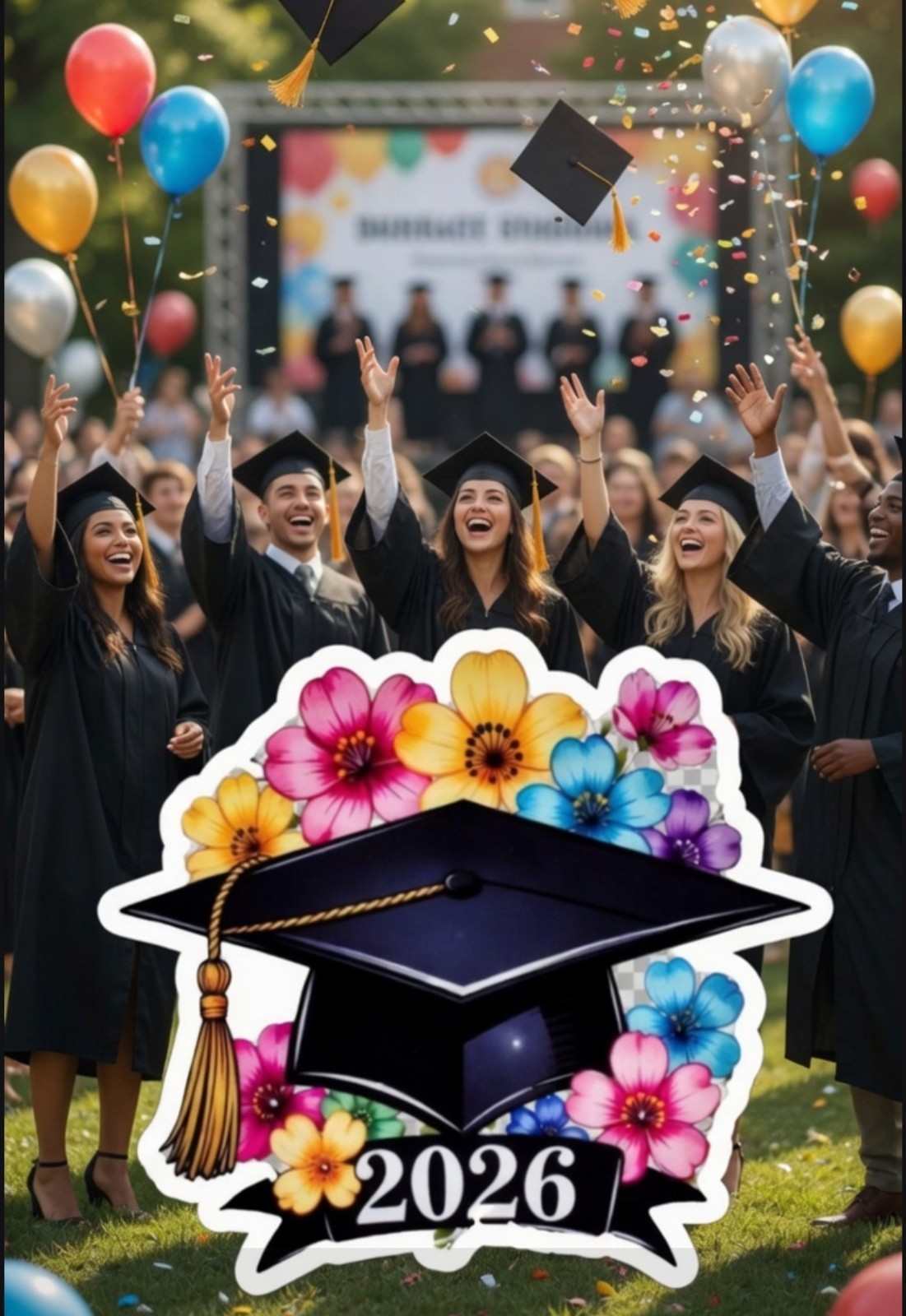 Graduation Cap Floral Sticker 5″ x 4.5″ Medium for Door Car Cup Bin Floor
