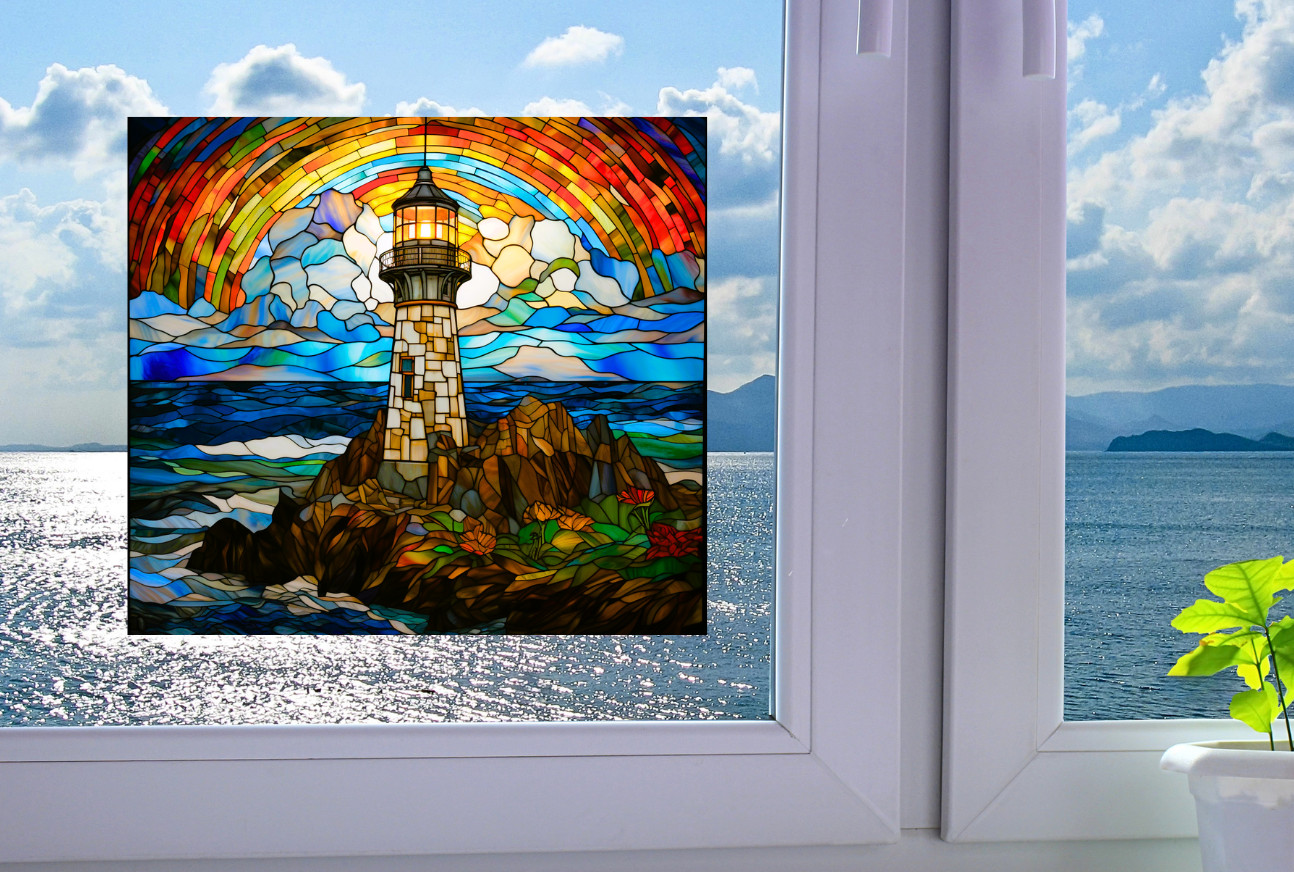 Lighthouse Faux Stained-Glass WINDOW CLING Size 9.1″ Repositionable Vinyl