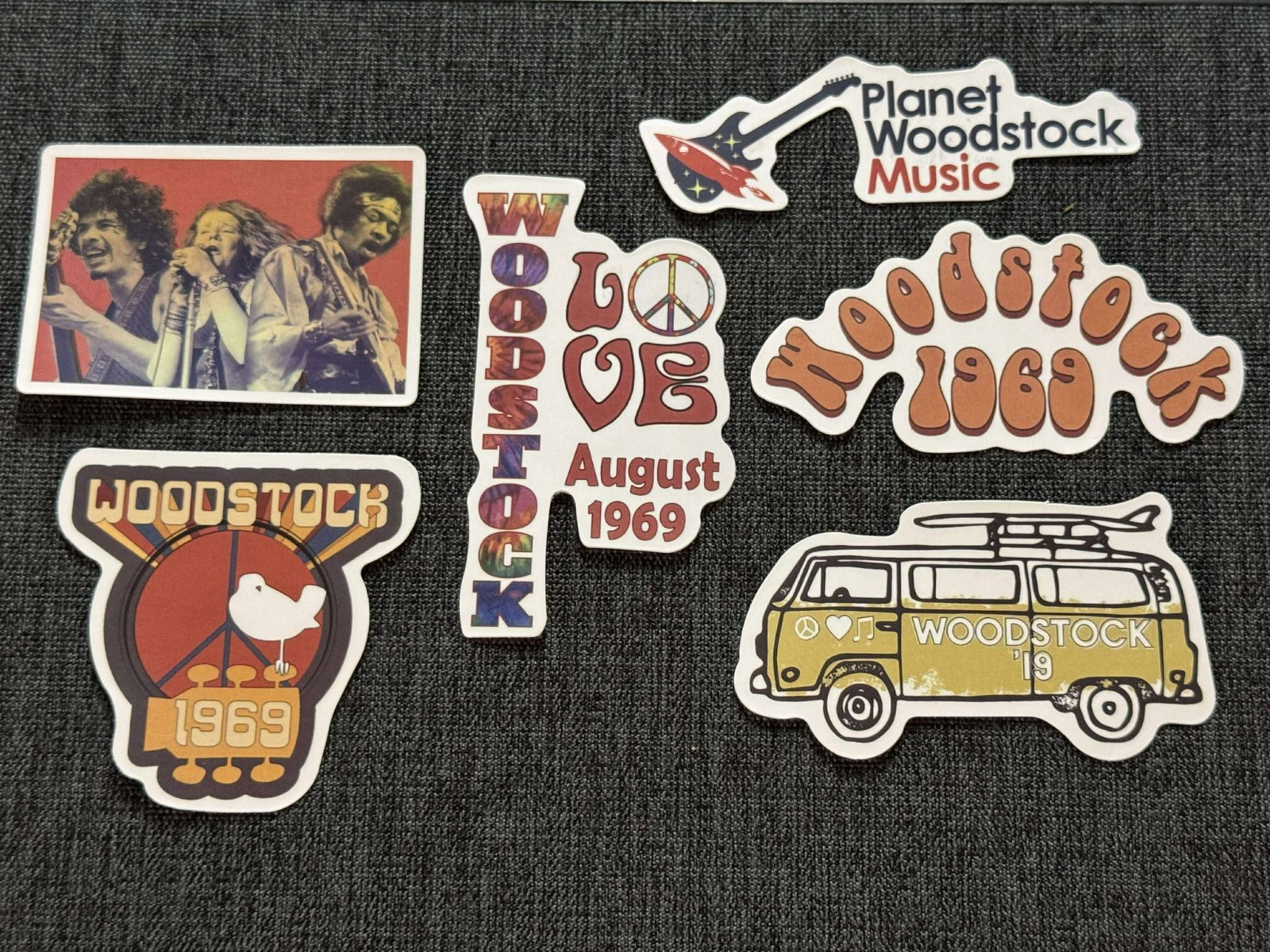 Lot of (6) WOODSTOCK Festival 1 1/2″ to 3″ Logo STICKERS Fast! FREE SHIP!