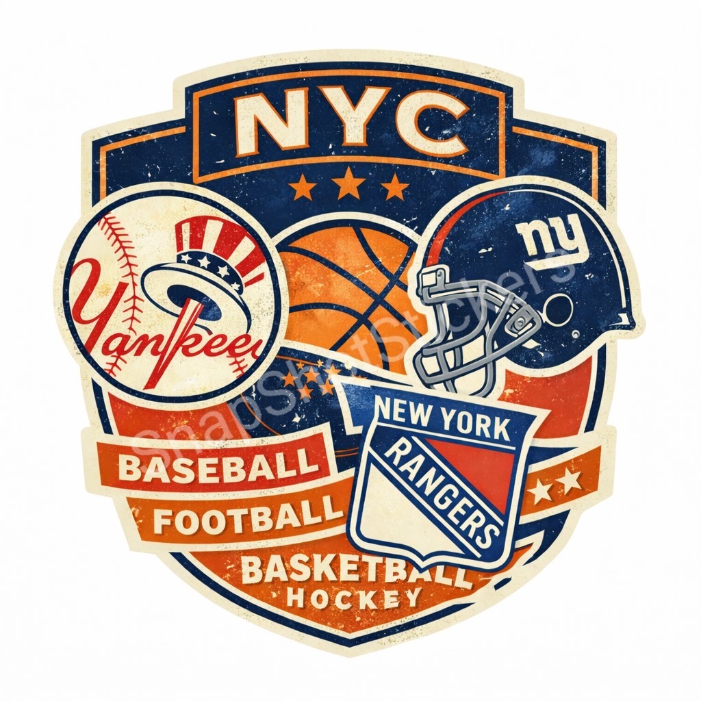 Vintage New York Sports Sticker – NYC Baseball Football Basketball Hockey Retro