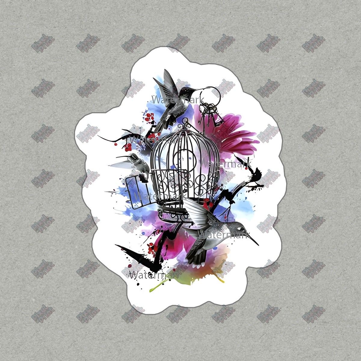Colorful Birdcage Vinyl Sticker Hummingbirds & Floral Design #845505